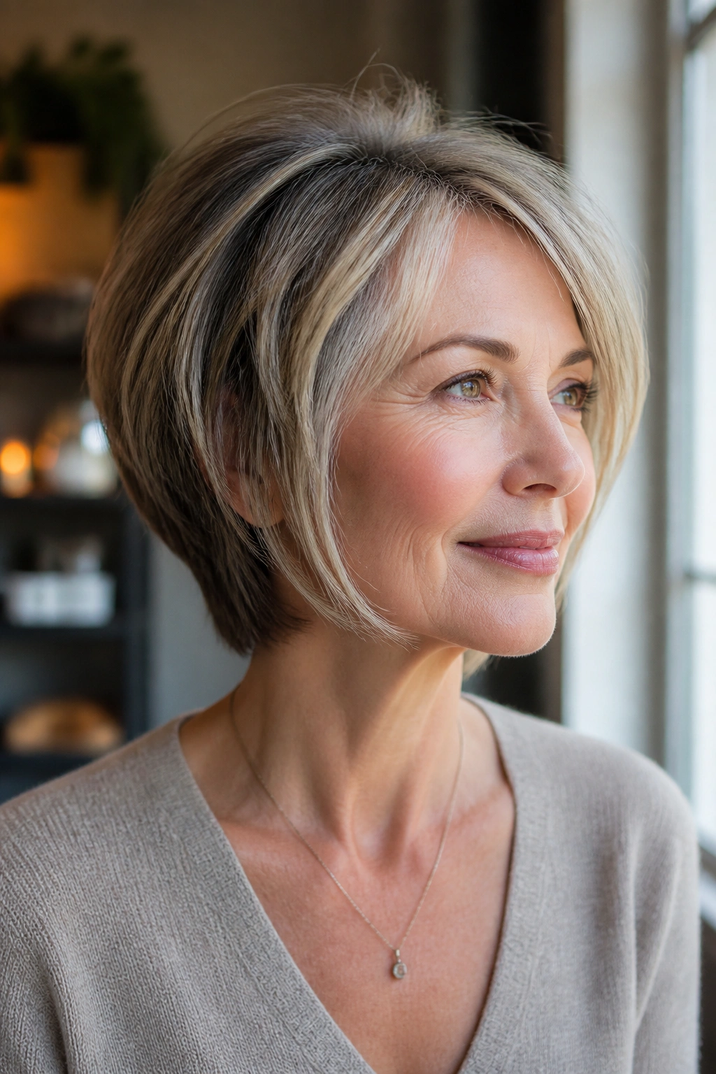 Portrait of a woman with neck-grazing ends on a long pixie bob, soft and graceful