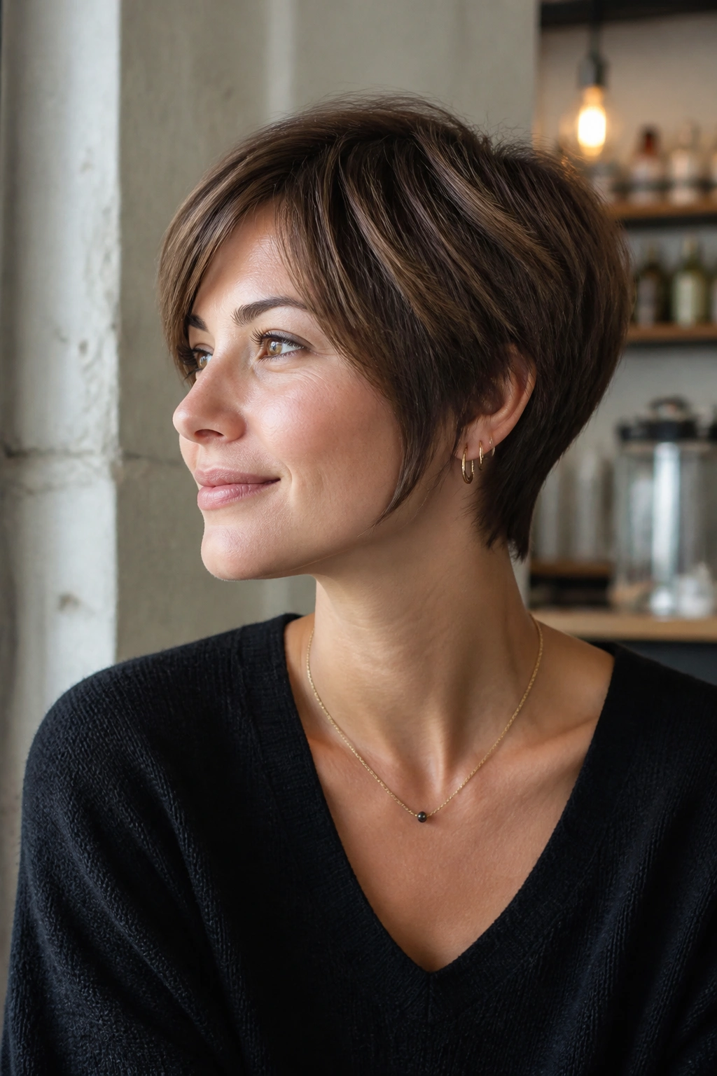 Close-up portrait of a real woman with an elongated neck-grazing pixie.