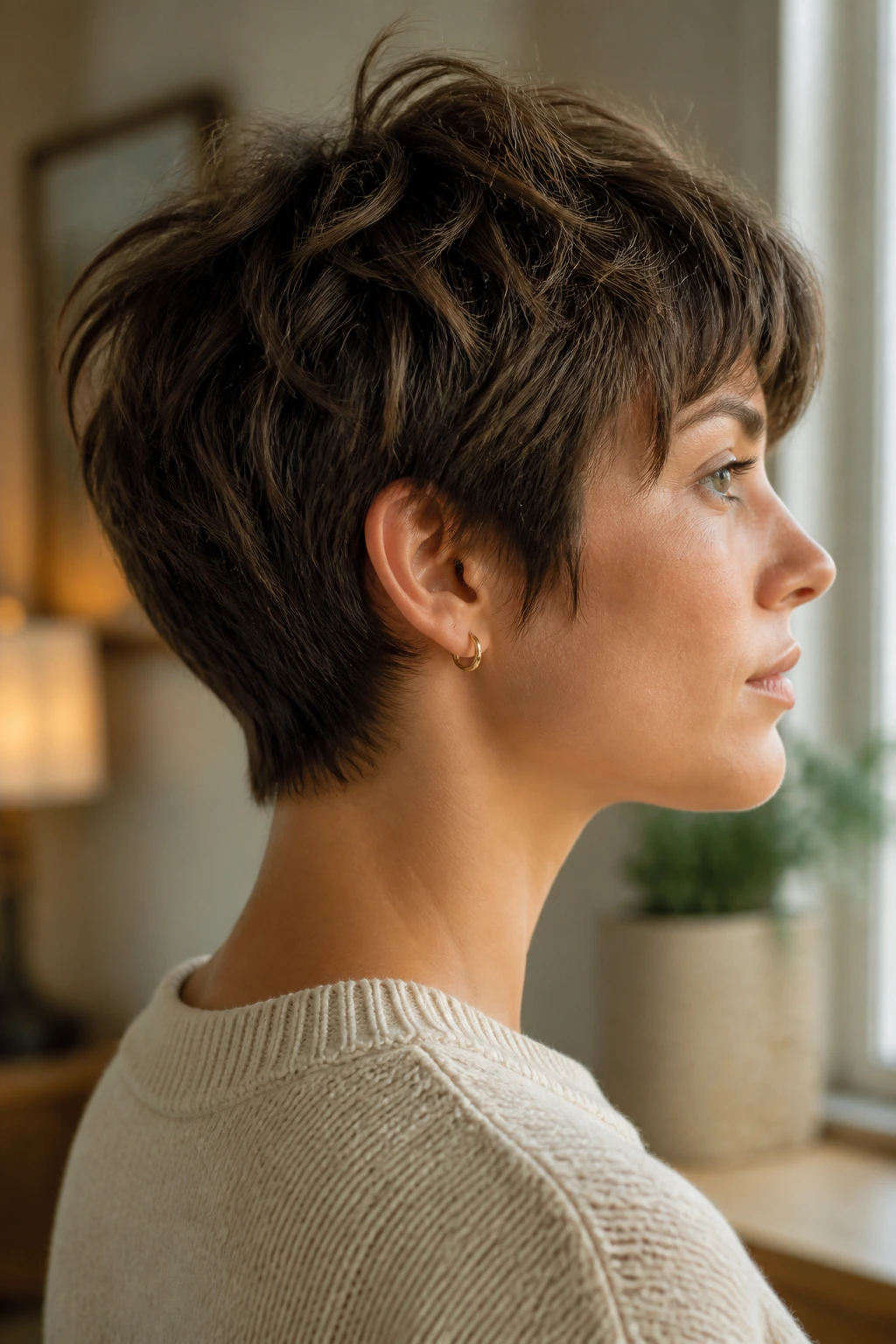 Close-up portrait of a real woman with a grown-out neck-hugging wolf pixie haircut, showing rounded nape and textured top