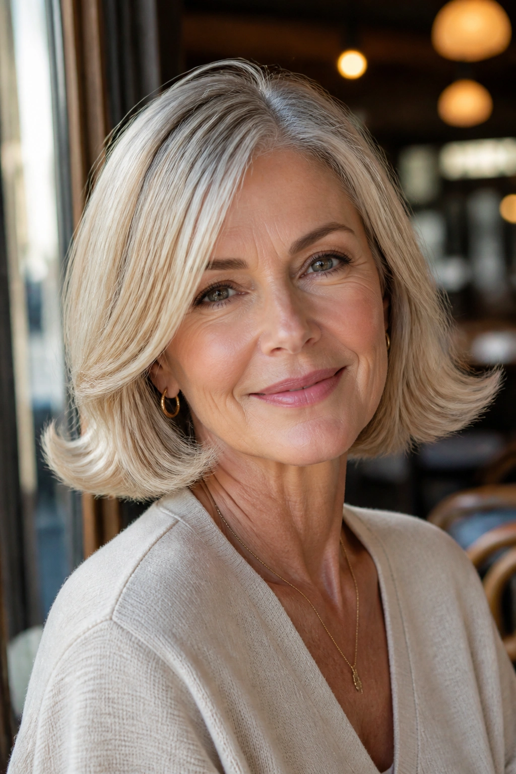 Portrait of a woman with neck-length bob and flipped ends