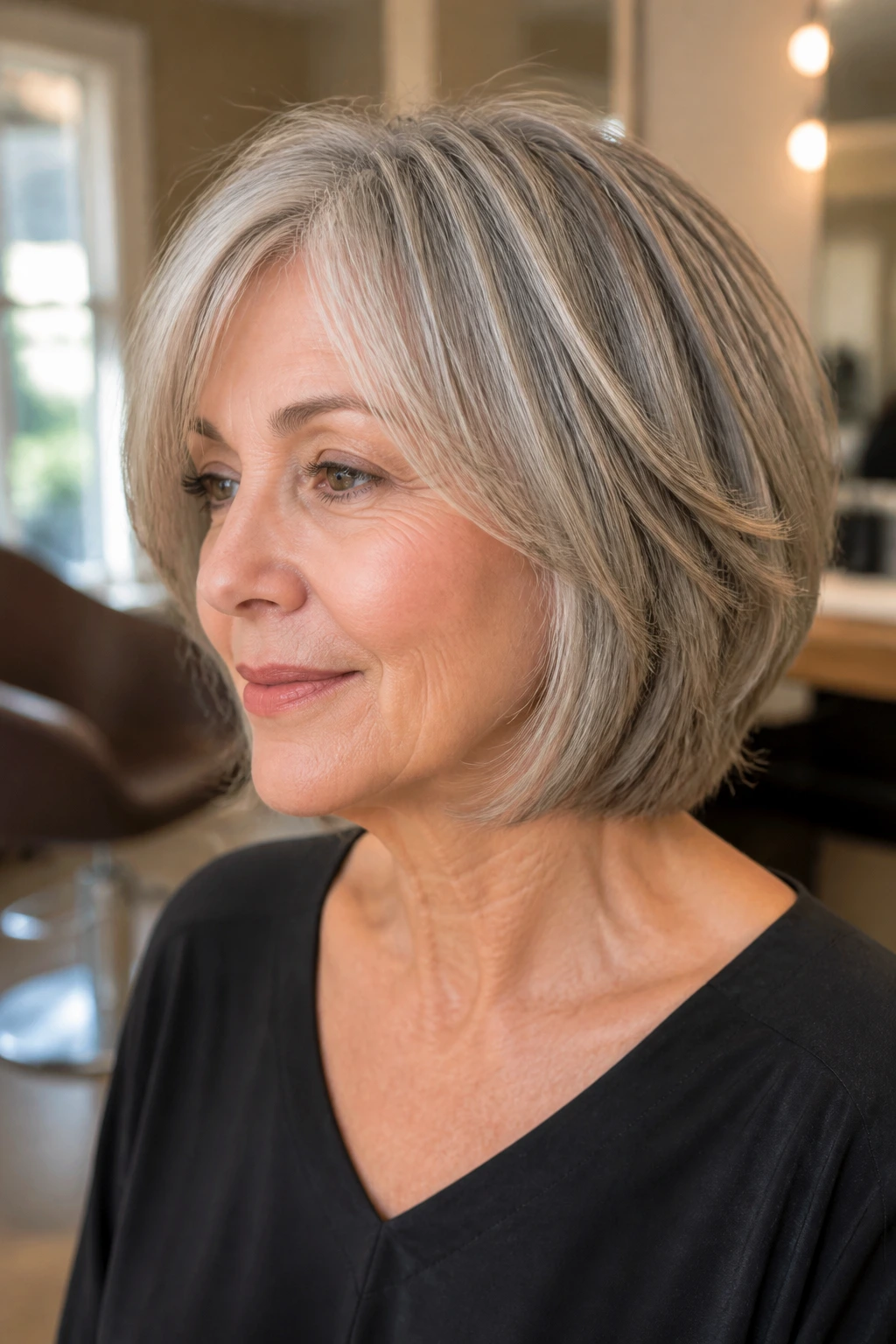Close-up portrait of a real woman with a neck-length layered bob, gray hair framing the jawline.