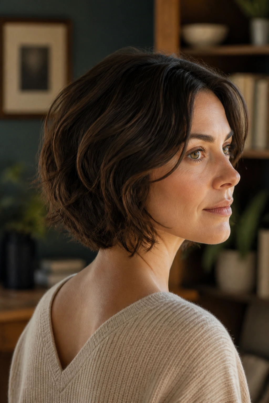 Close-up of a real woman with neck-length bob showing internal layers
