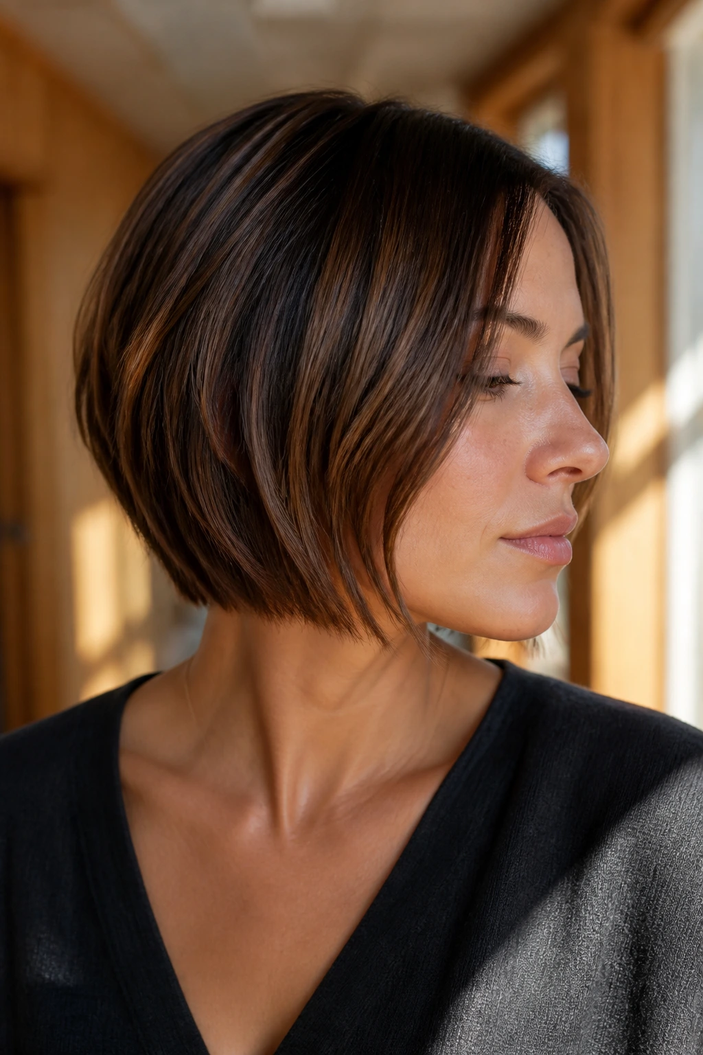 Portrait of a real woman with neck-length bob and tapered ends in warm light