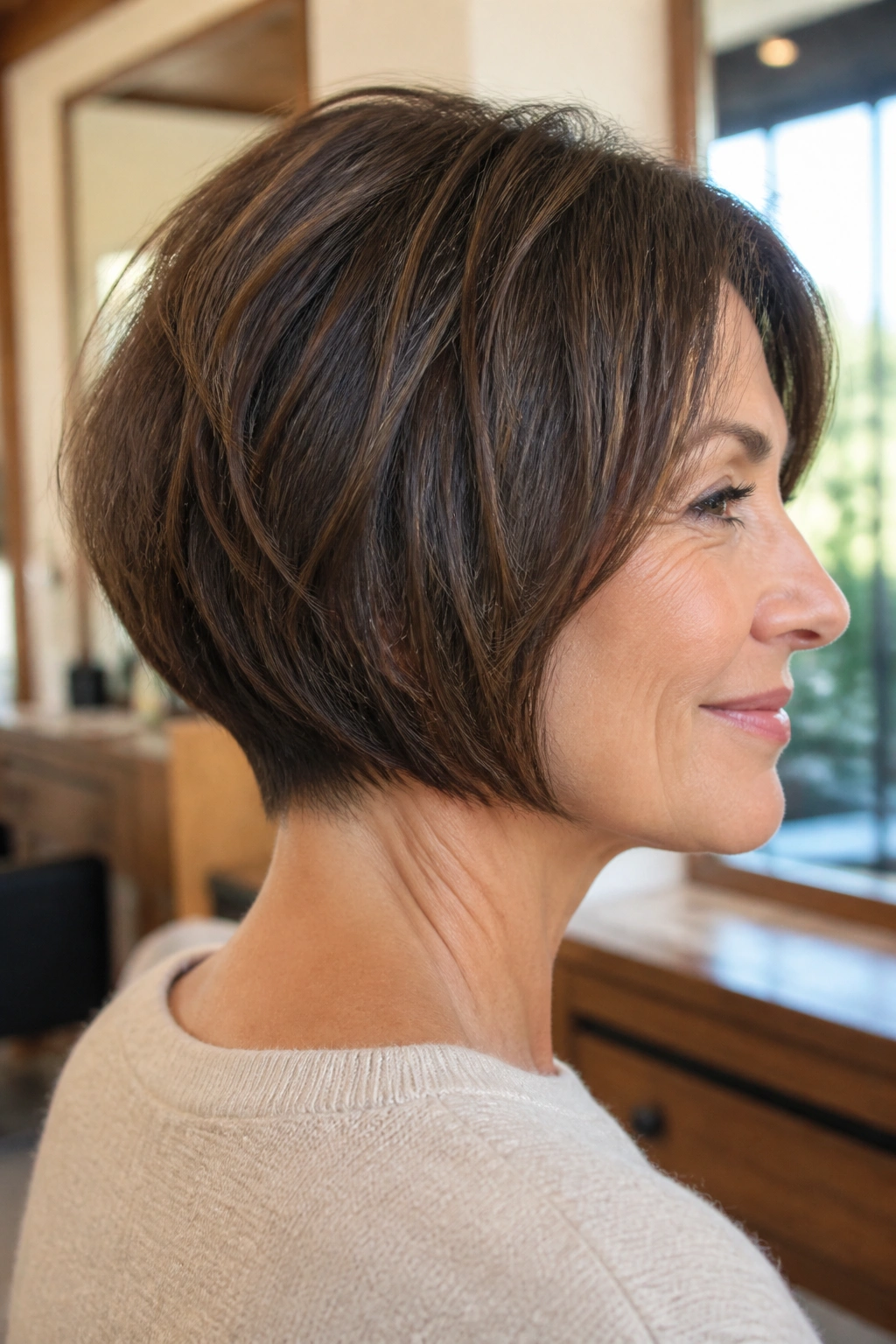 Close-up portrait of a real woman with neck-length bob and tapered nape in warm salon lighting.