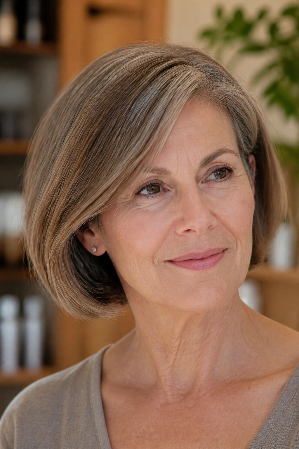 Close-up portrait of a real woman with a neck-length bob featuring subtle underlayers, head-and-shoulders.