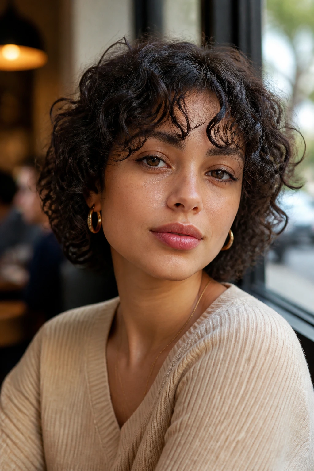Close-up portrait of a real woman with neck-length curly crop and split bangs at a cafe