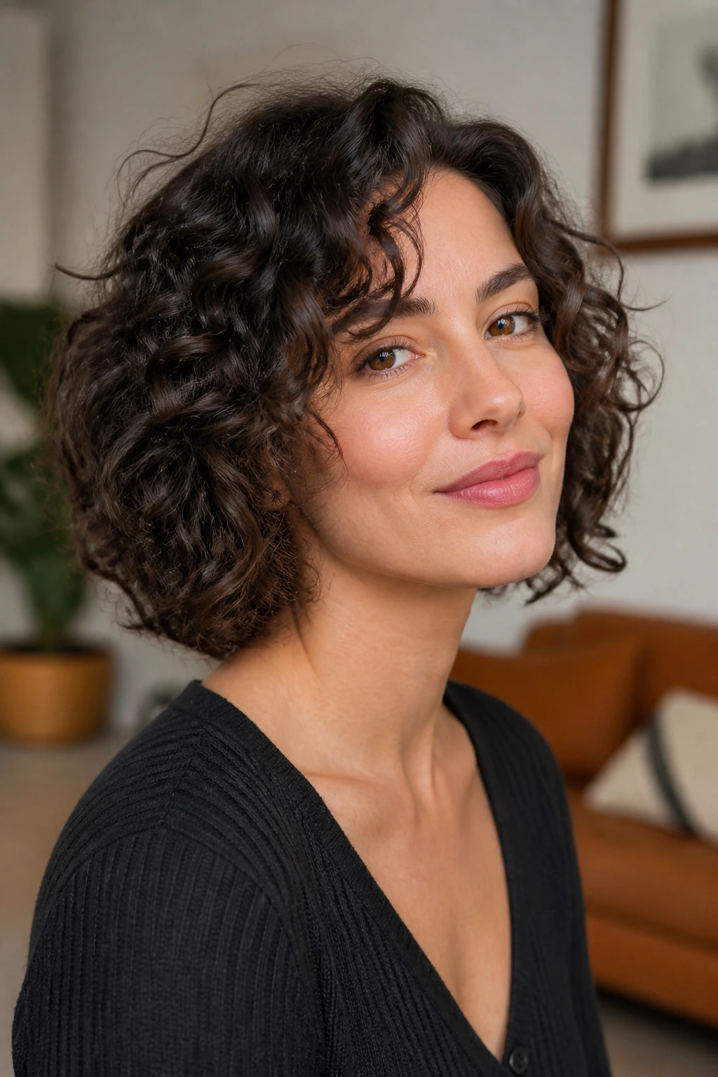 Close-up portrait of a real woman with neck-length curly cut and invisible layers