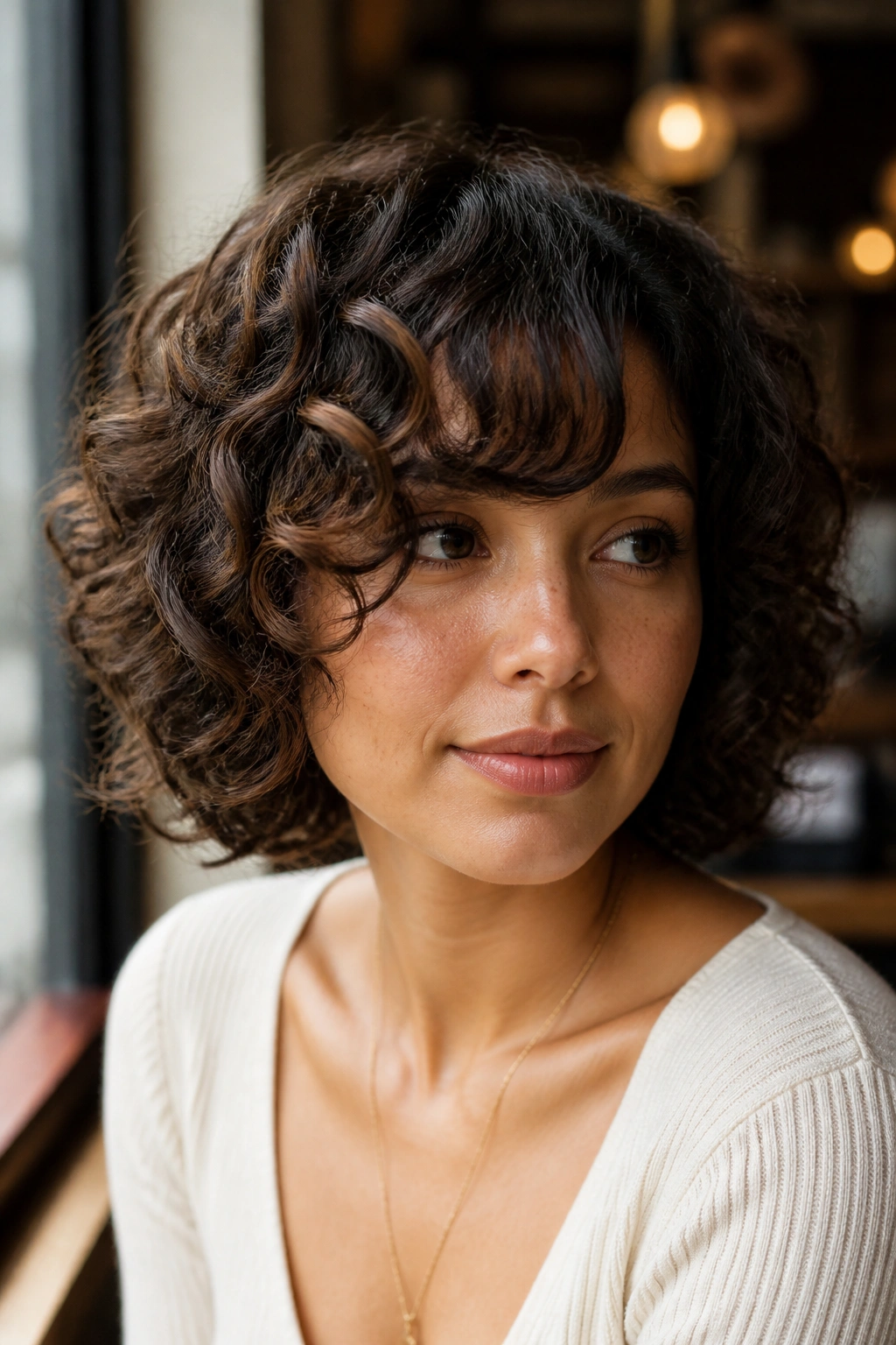 Close-up of a real woman with neck-length curly bob and sweeping bangs.