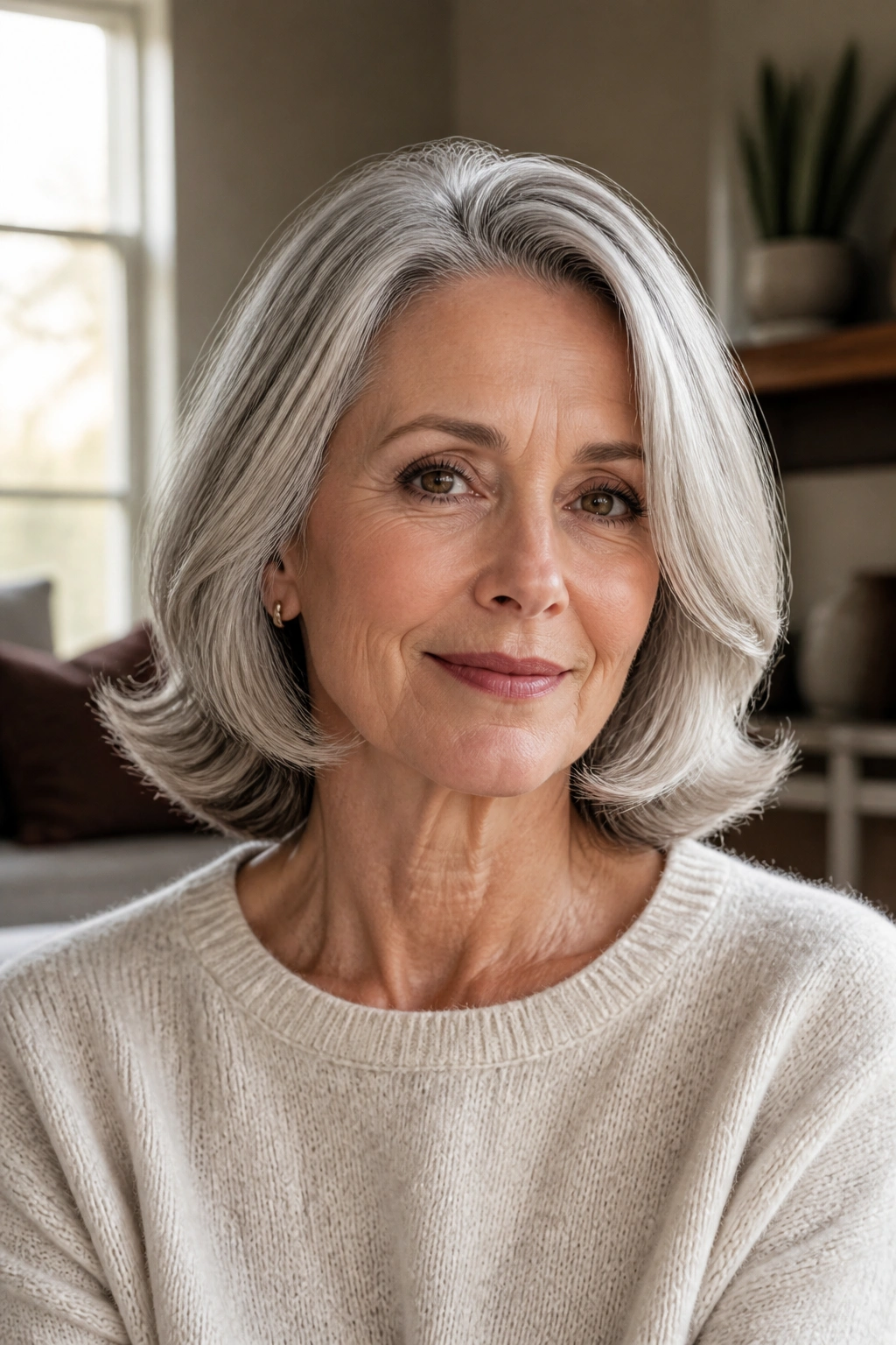 Portrait of a woman with a neck-length cut with flipped ends in gray hair.