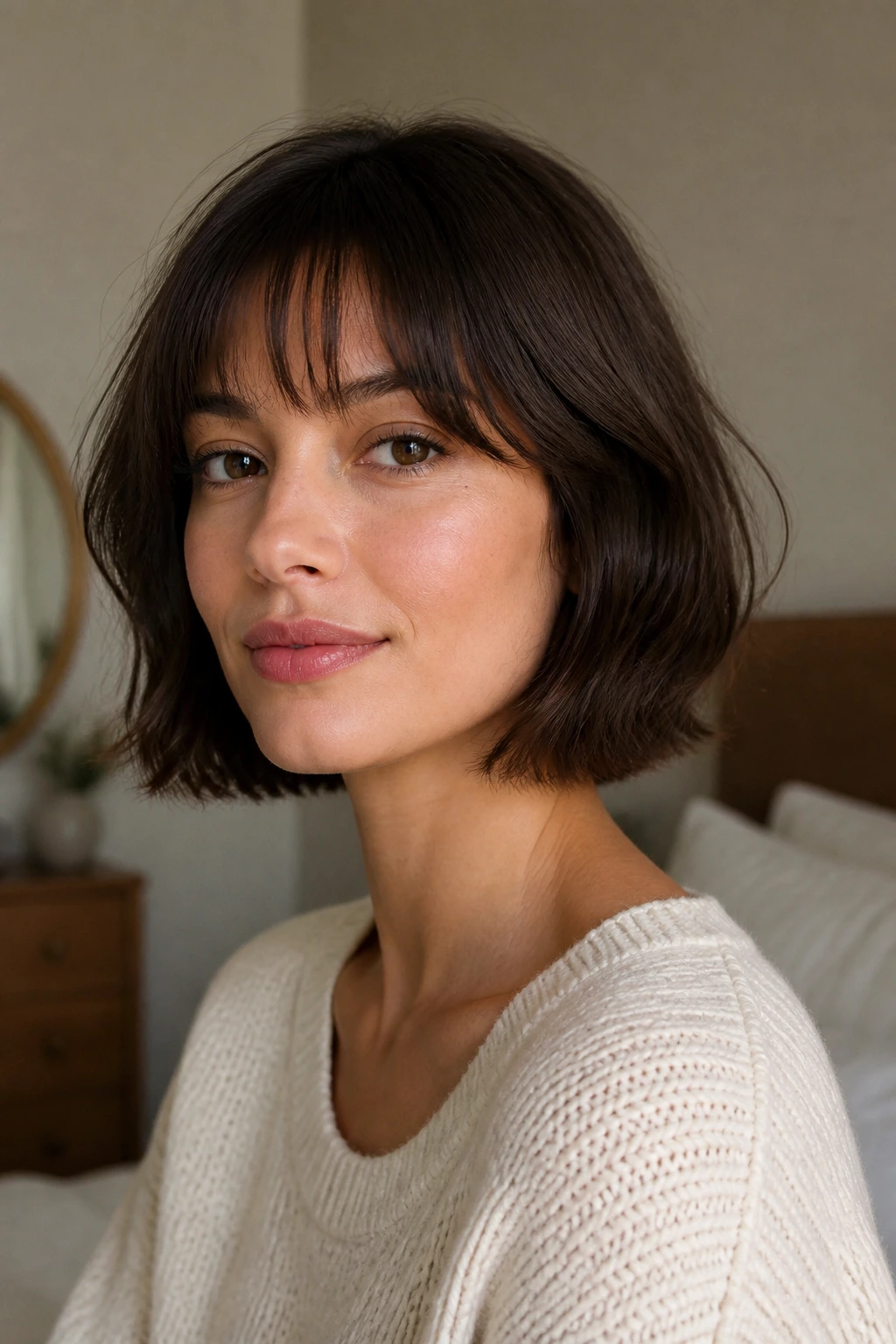 Close-up of a real woman with neck-length French bob and soft fringe
