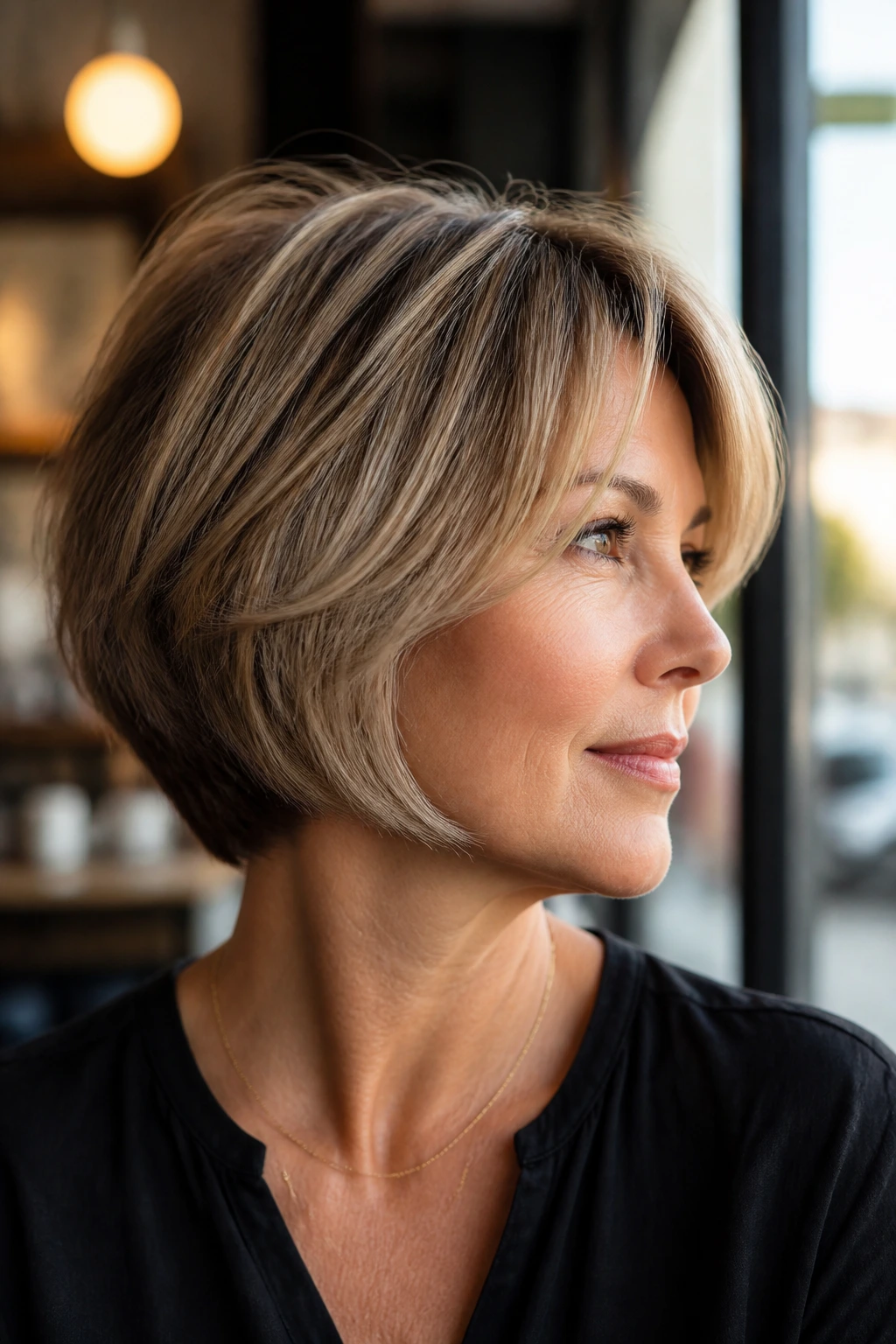 Close-up of a real woman with a neck-length graduated bob.
