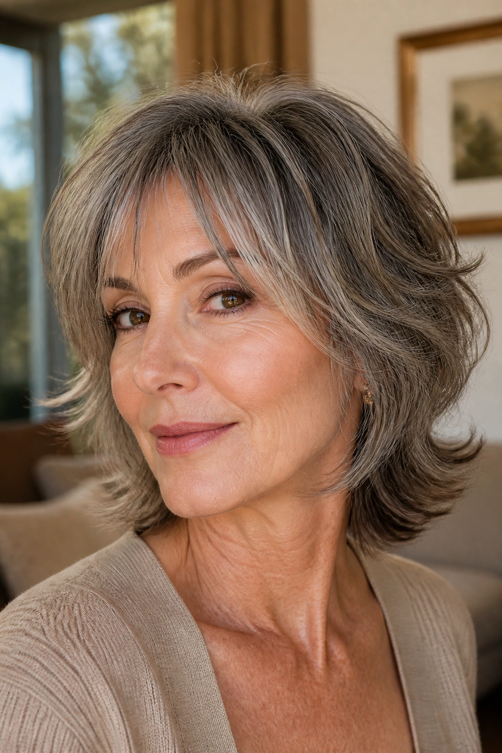 Close-up of a real woman with neck-length shag and flipped-out pieces in warm window light
