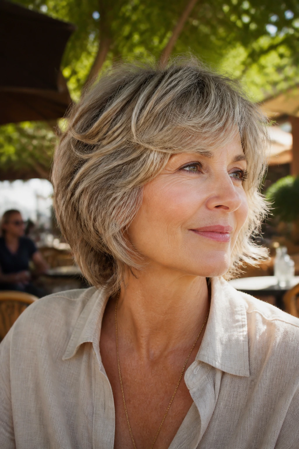 Close-up portrait of a real woman with neck-length shag hair