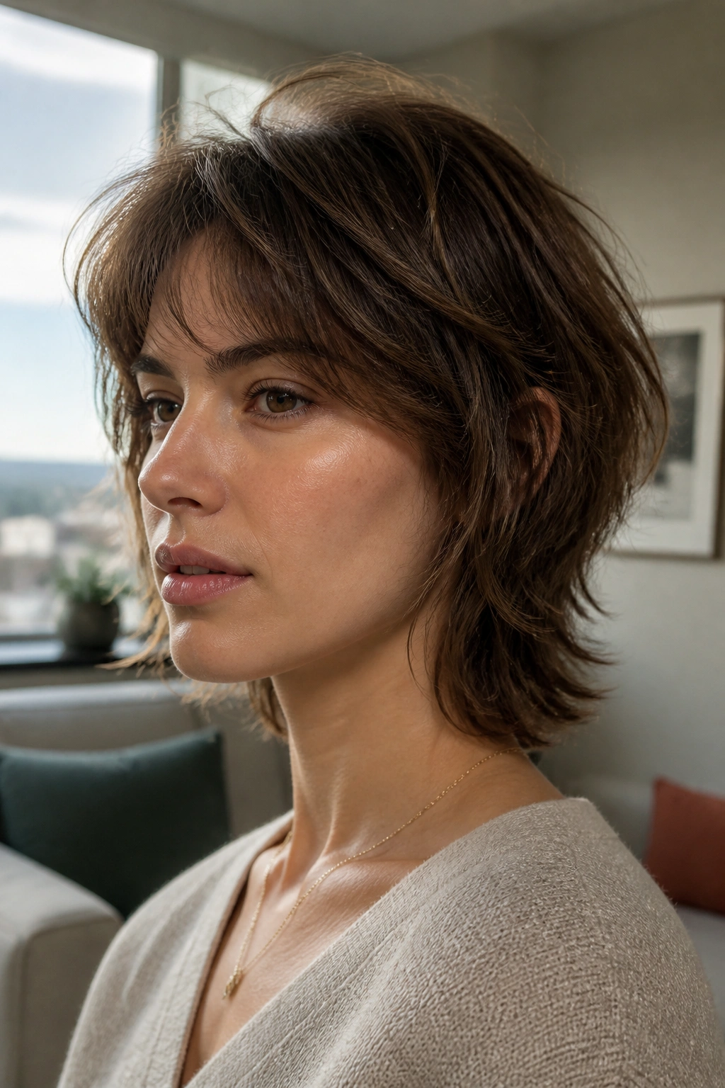 Real woman with neck-length shag filling the frame in a cozy interior.