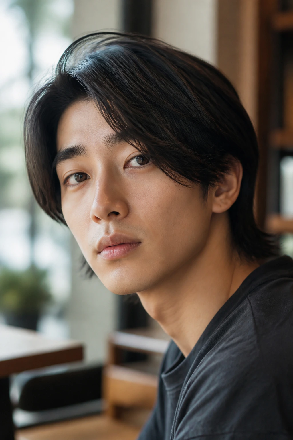 Portrait of a man with neck-length swept hair and a tidy neckline in soft natural light.