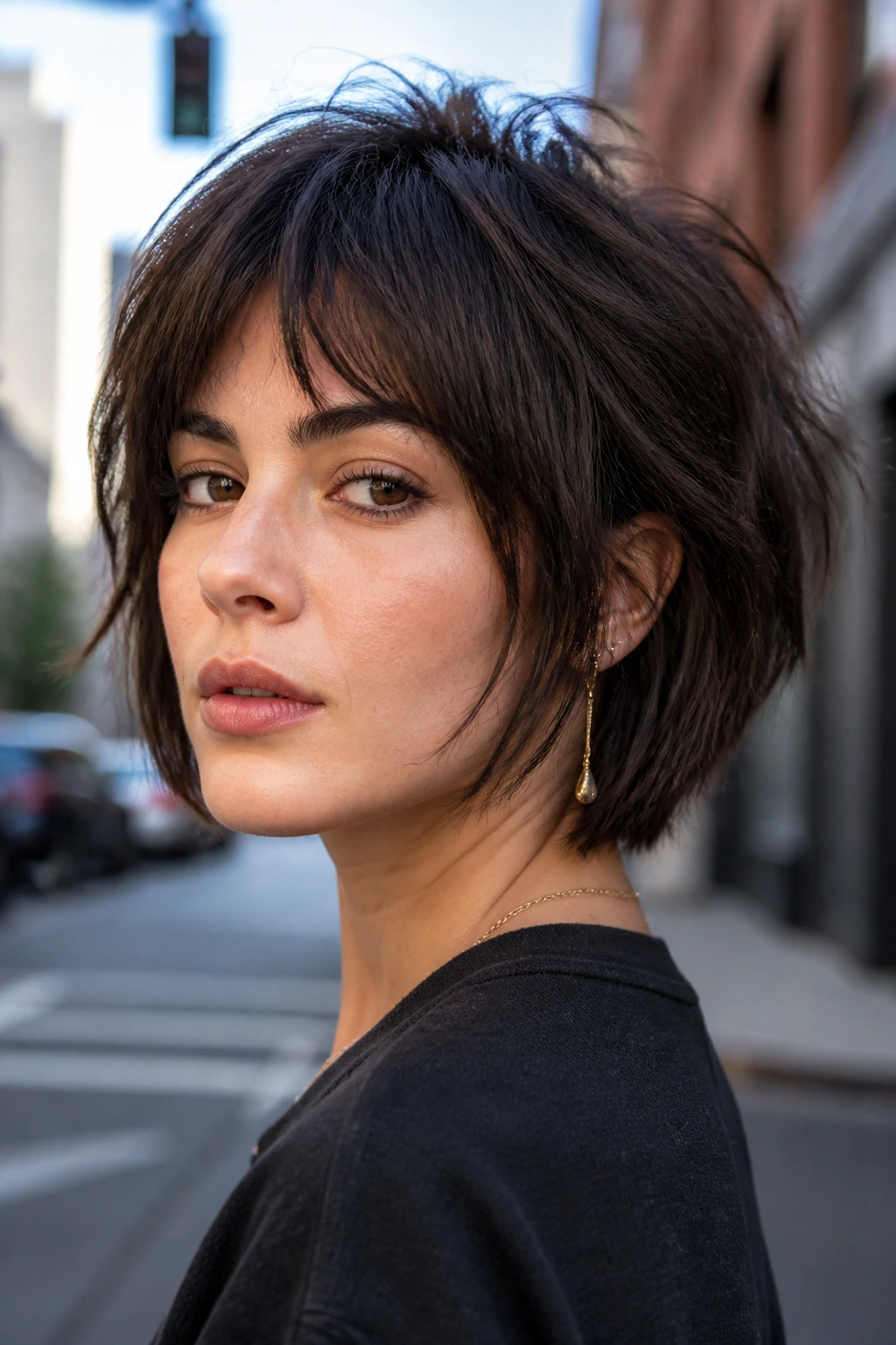 Close-up real person with Neck-Length Wolf Cut Bob and tapered nape on city street lighting