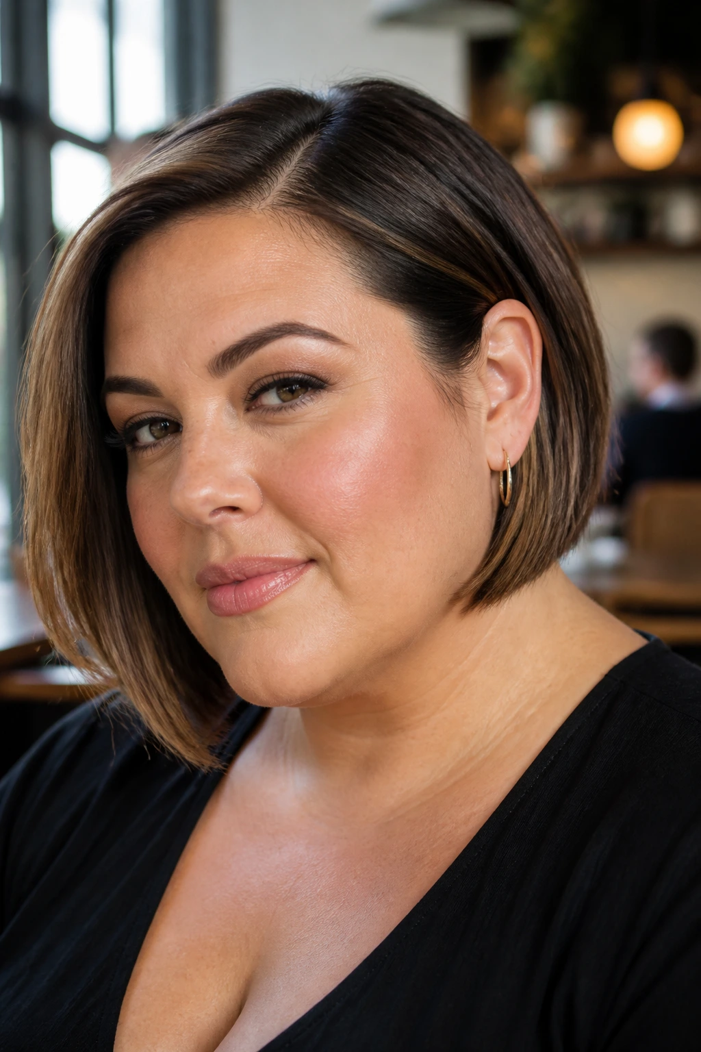 Portrait of a real woman with Neck-Skimming Angled Bob You Can Tuck Behind the Ear tucked behind the ear.