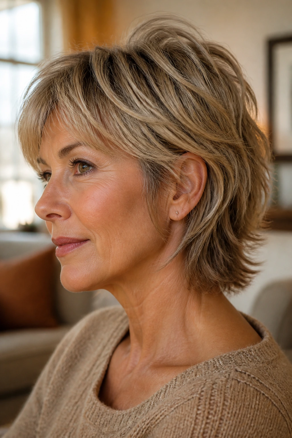 Real woman with neck-grazing shag and nape layers in warm living room light