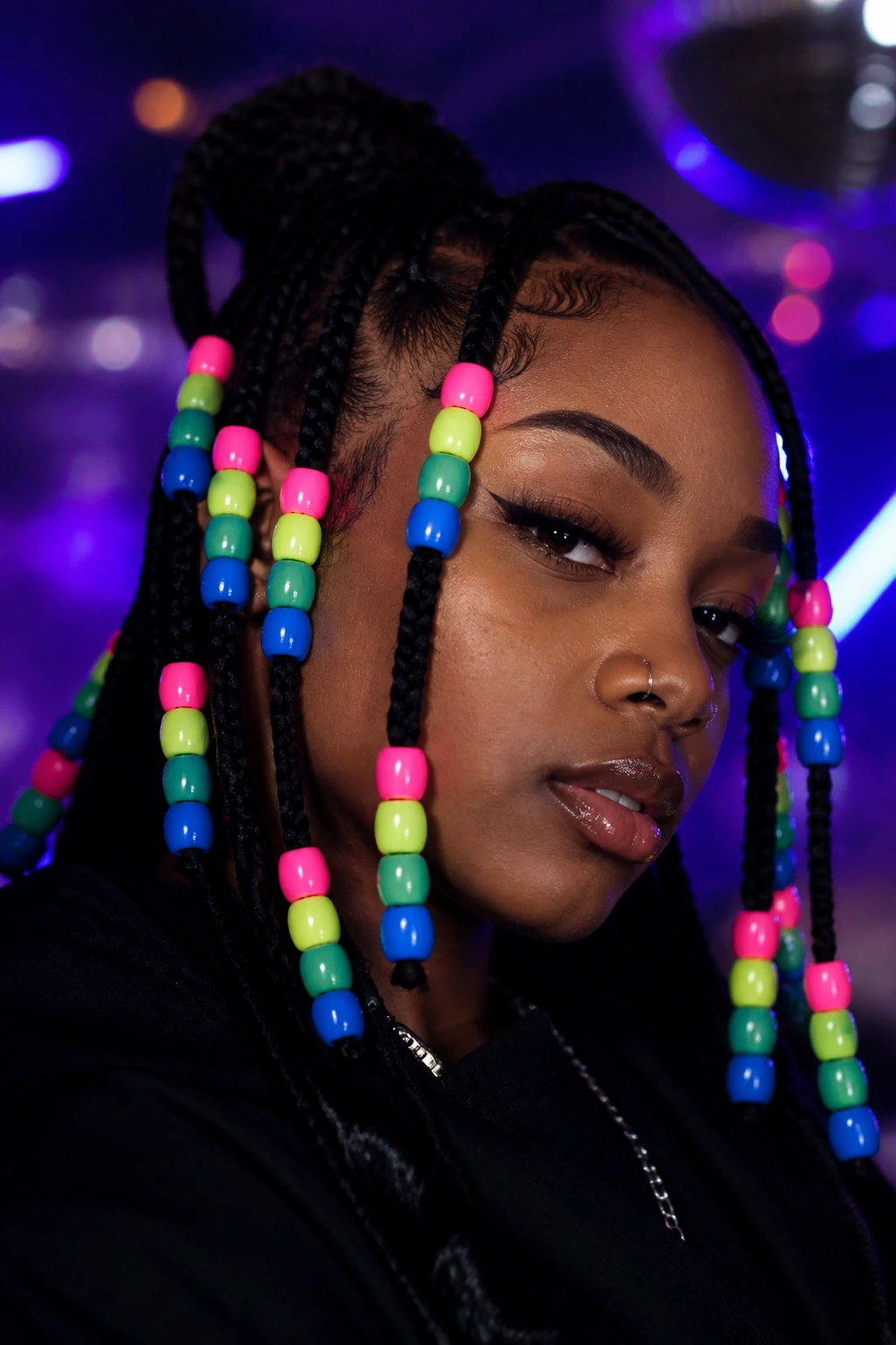 Real person with neon beads on braids under blacklight in a club setting