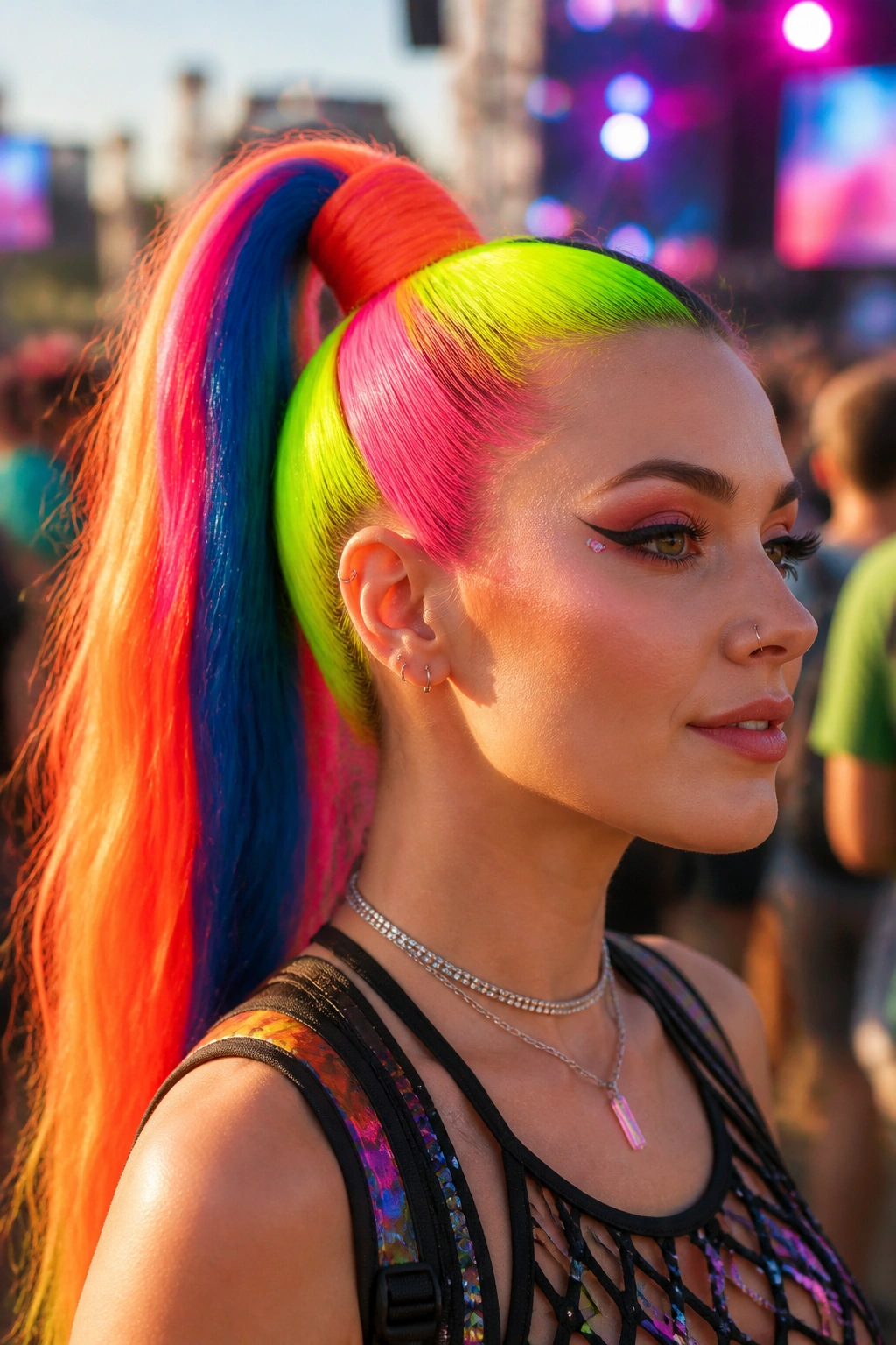 Close-up of a real person with a neon color block ponytail in lime, pink, blue, and orange