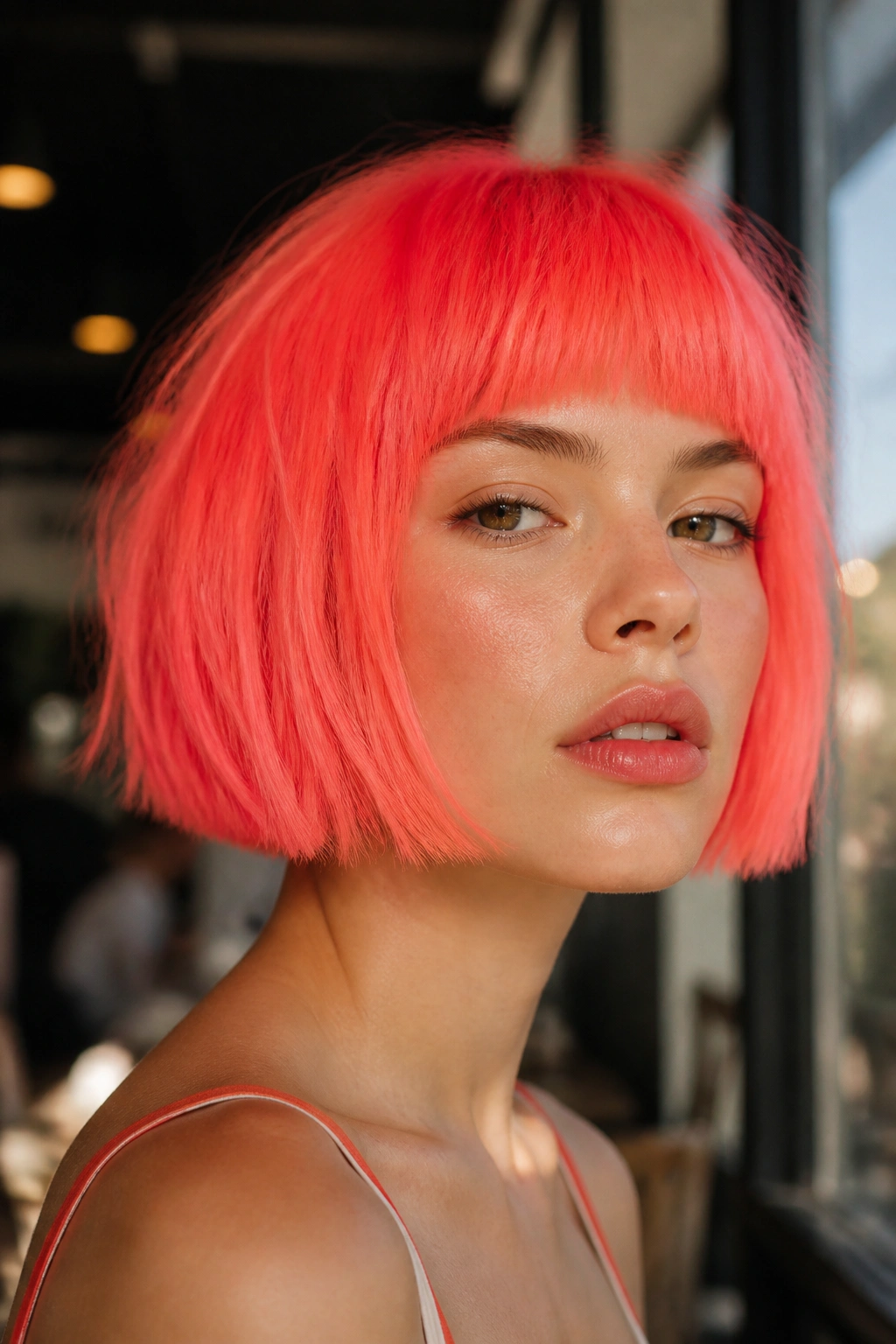 Close-up portrait of a real person with a neon coral bob silhouette on the face
