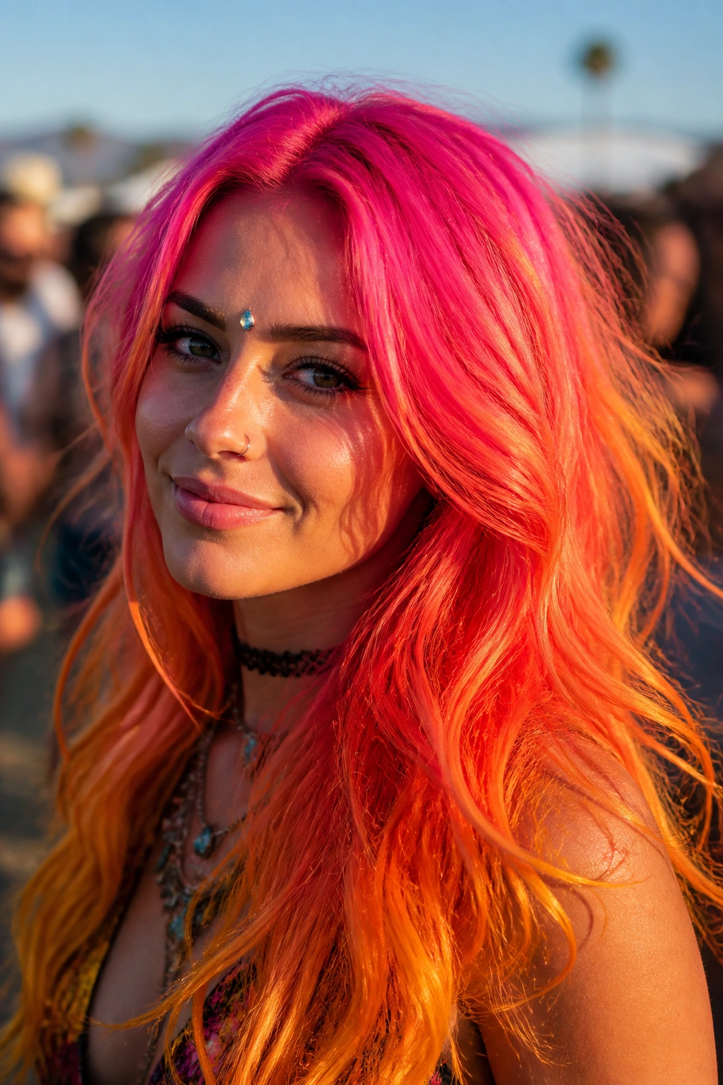 Close-up of a real woman with hot pink to orange sunset hair gradient in golden hour light