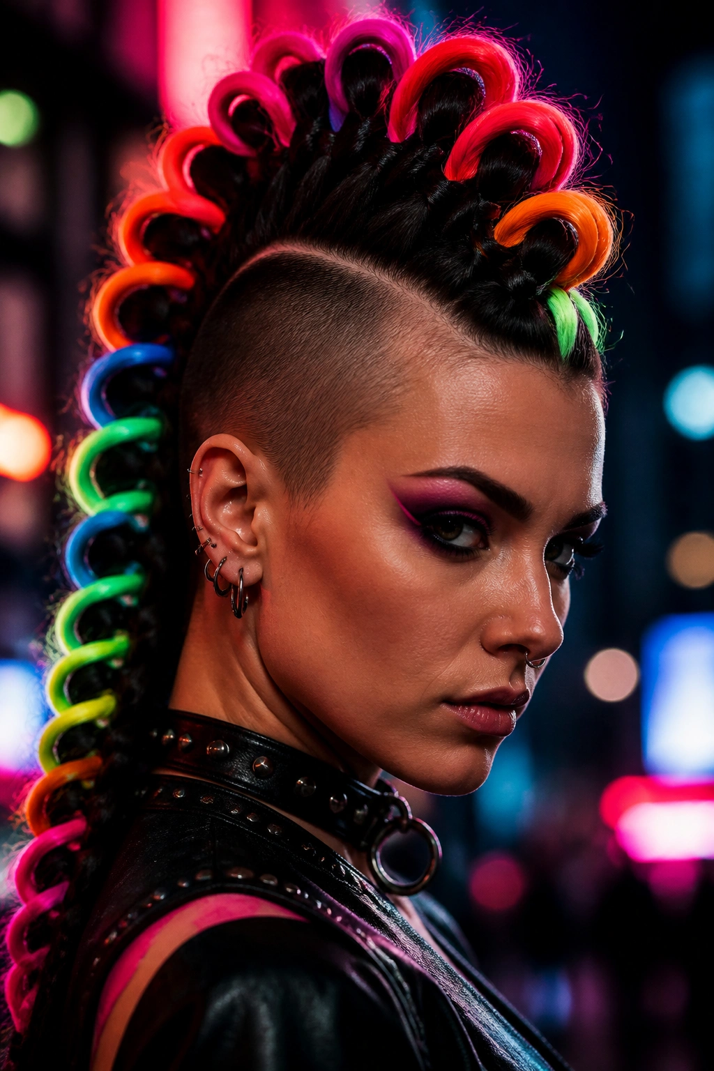 Close-up portrait of a real person with a neon mohawk braid featuring pink, orange, blue, and green.