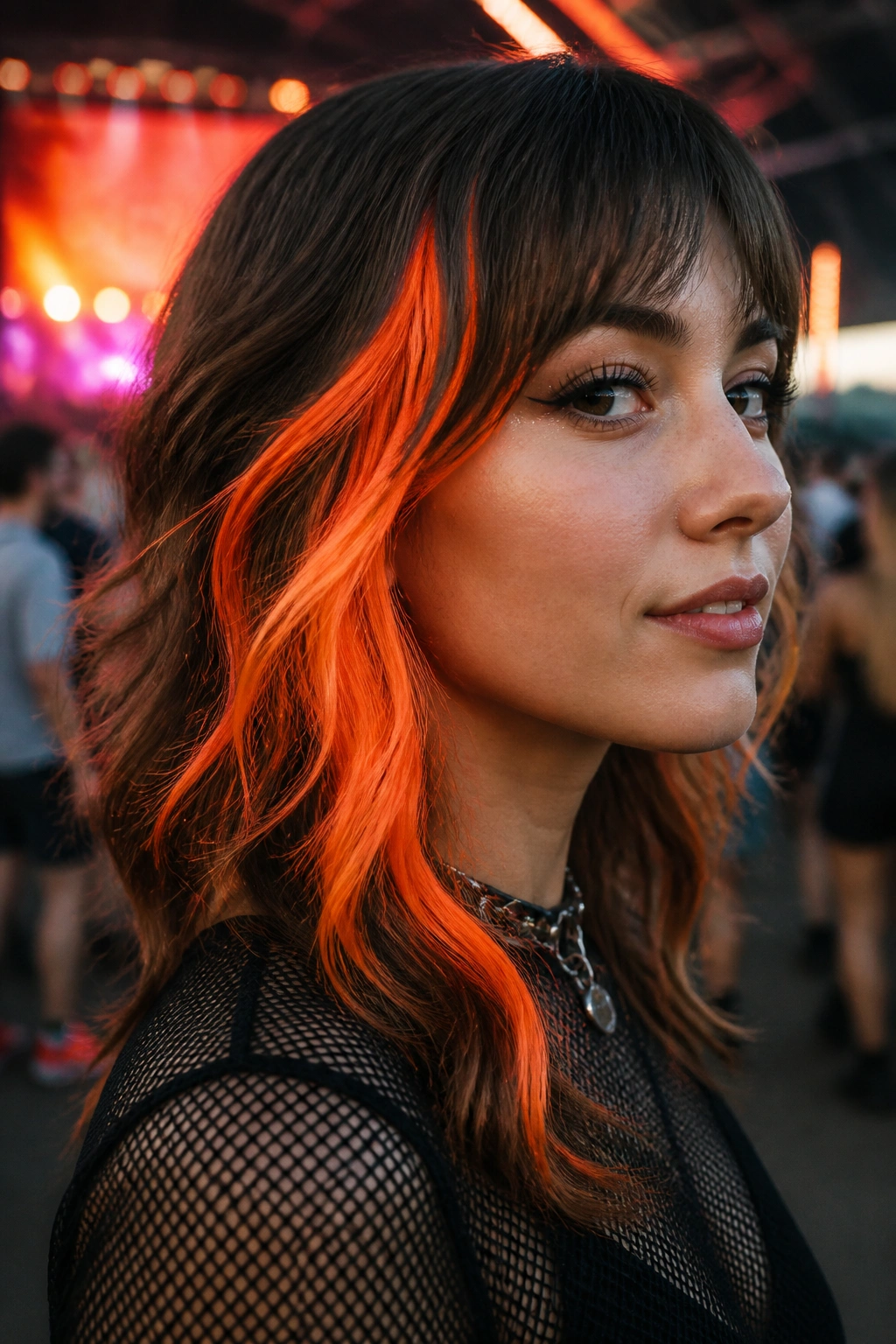 Real person with neon orange panel highlight in layered hair, festival stage backdrop
