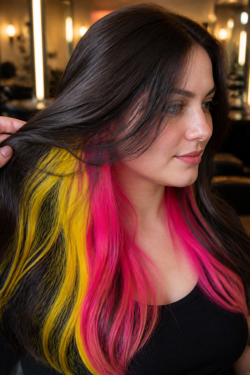 Close-up of a real person with neon peekaboo panels under long hair