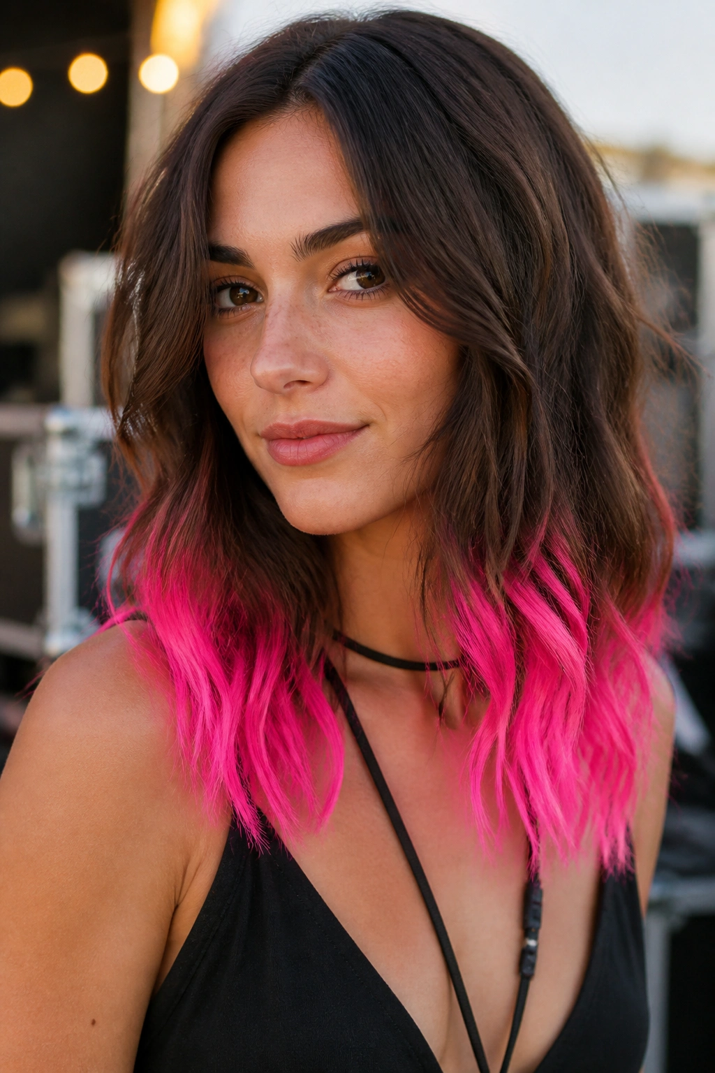 Portrait of a real person with neon pink dip-dye ends visible at the hair tips