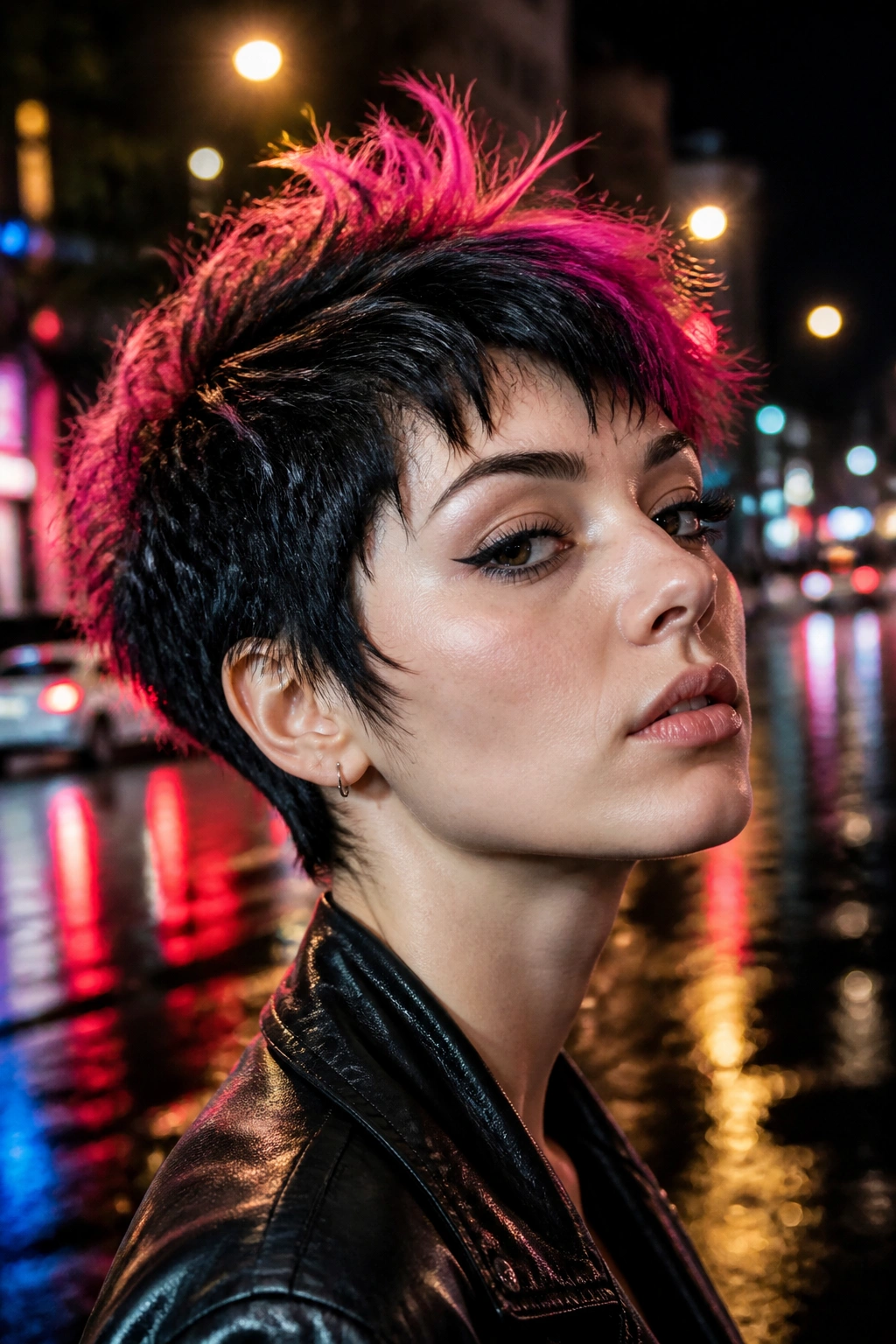 Neon-tipped pixie close-up portrait with bright colored ends at night street