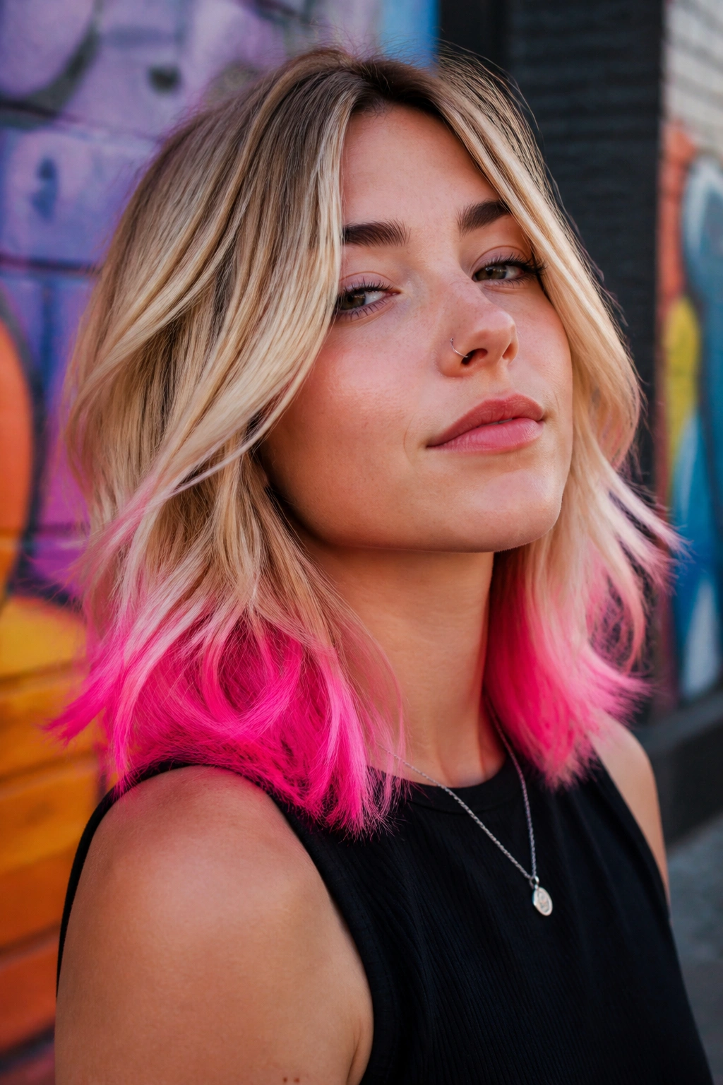 Close-up of a real person with neon pink bleached tips on layered hair outdoors