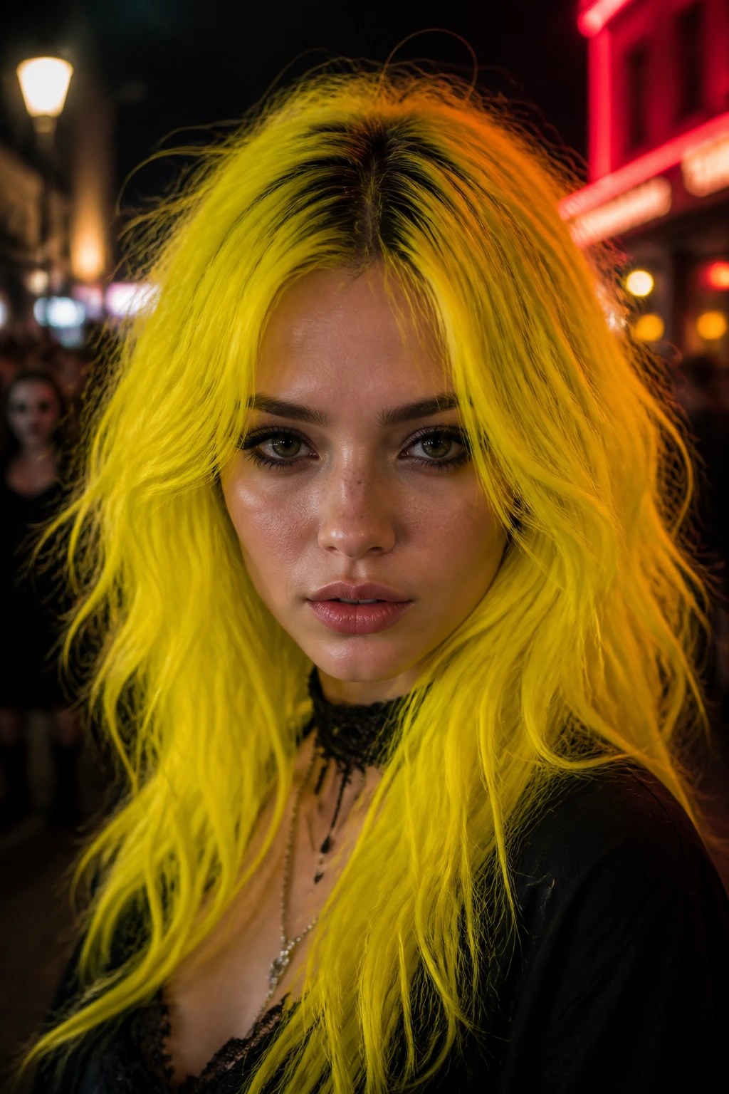 Close-up of a real person with neon yellow hair in a moody Halloween urban setting.