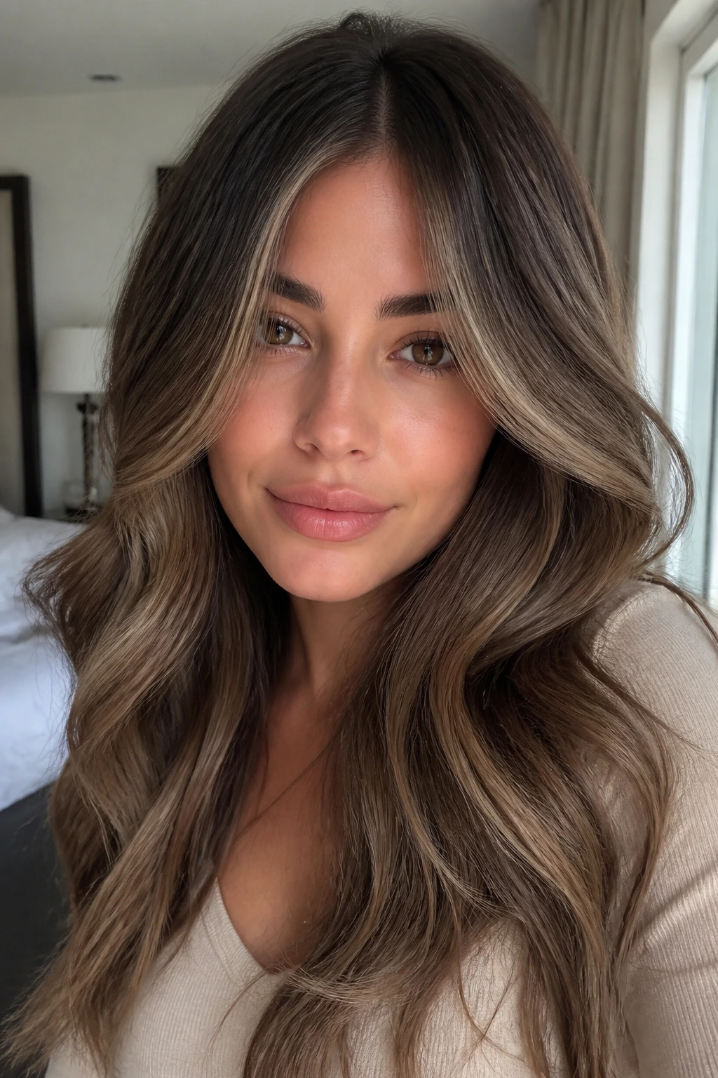 Close-up portrait of a real woman with neutral beige brunette and soft face-framing highlights.