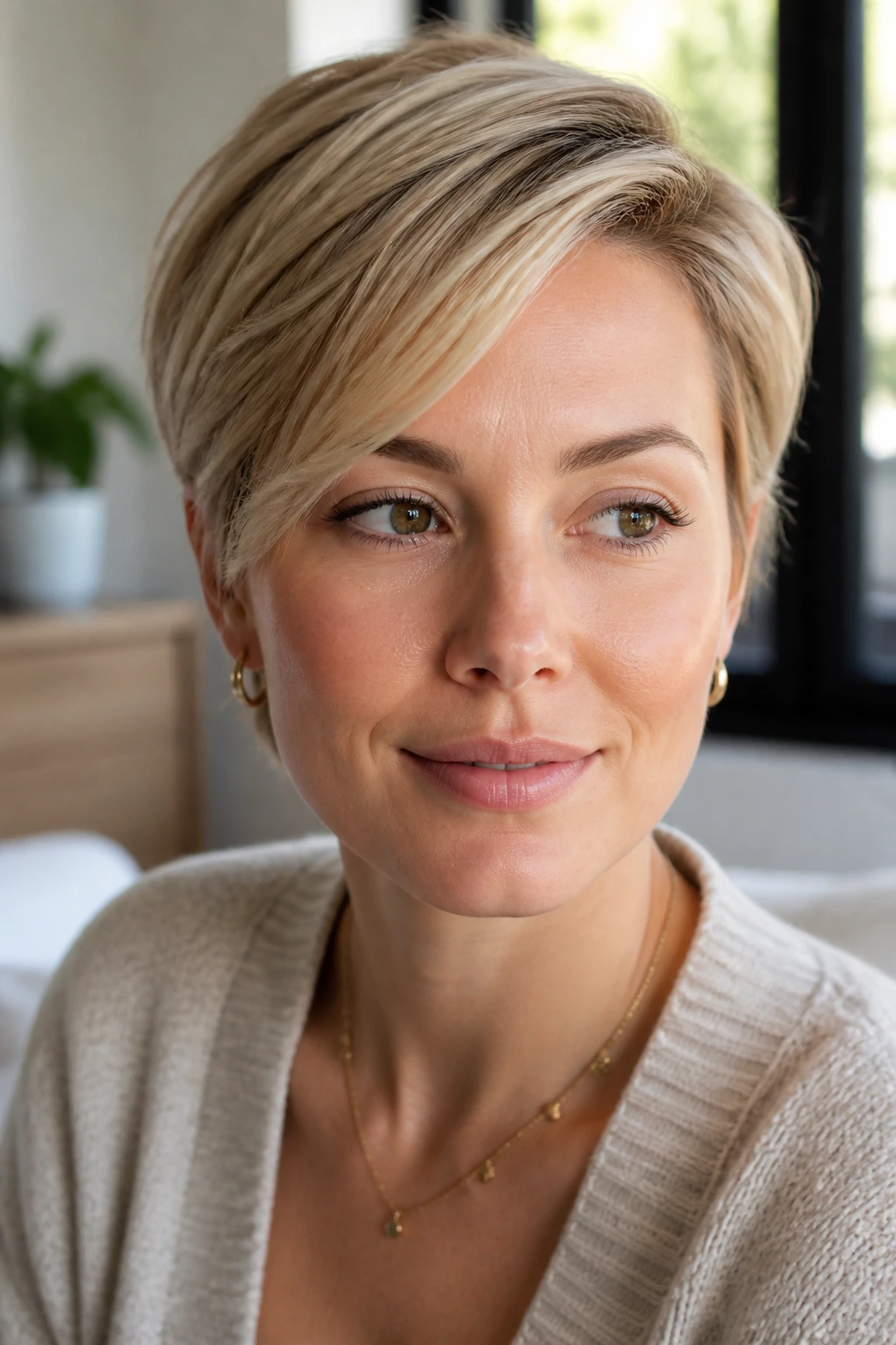 Close-up portrait of a real person with neutral blonde hair under natural window light