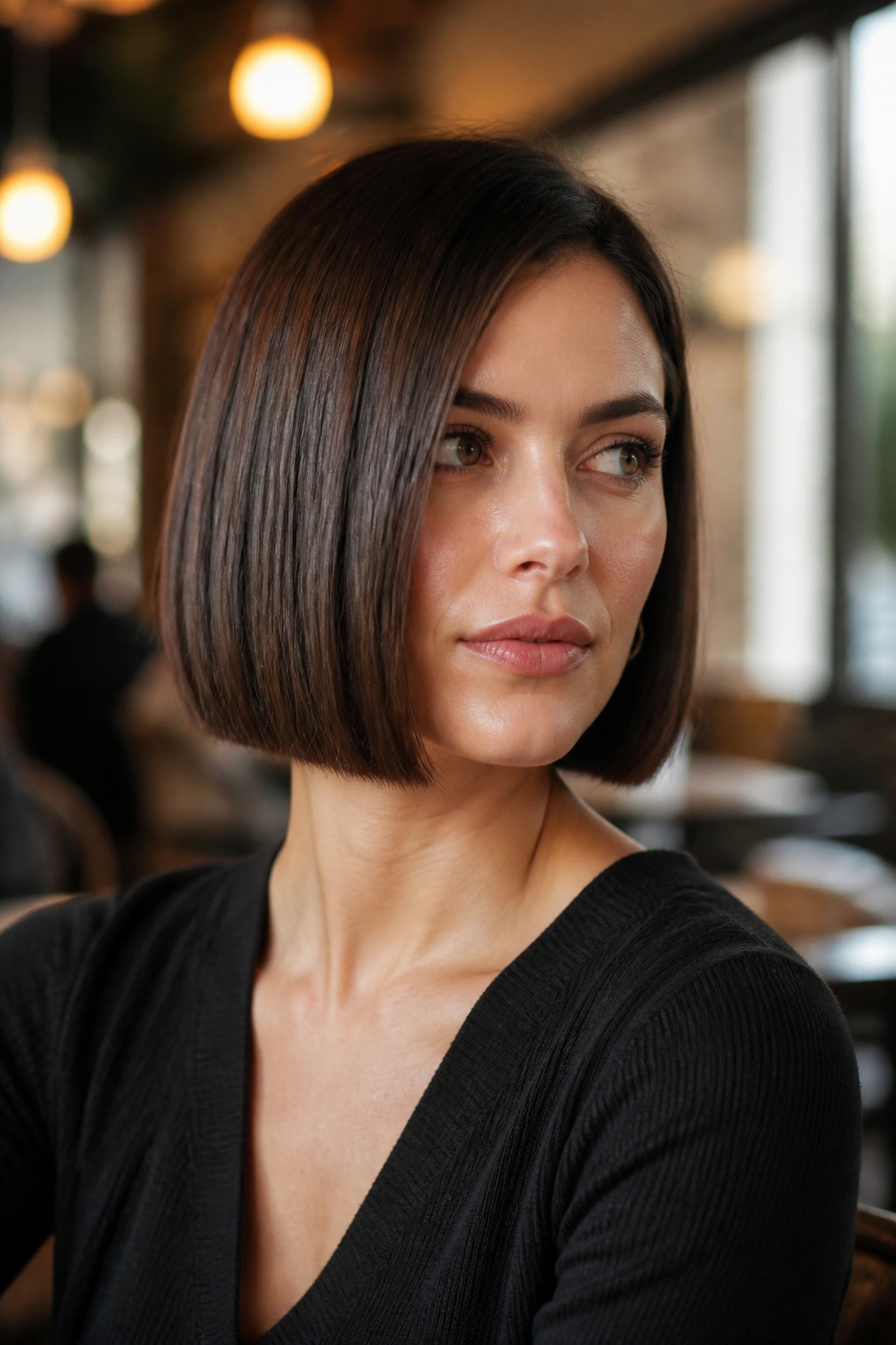 Close-up portrait of a real woman with a no-layers blunt bob, even perimeter
