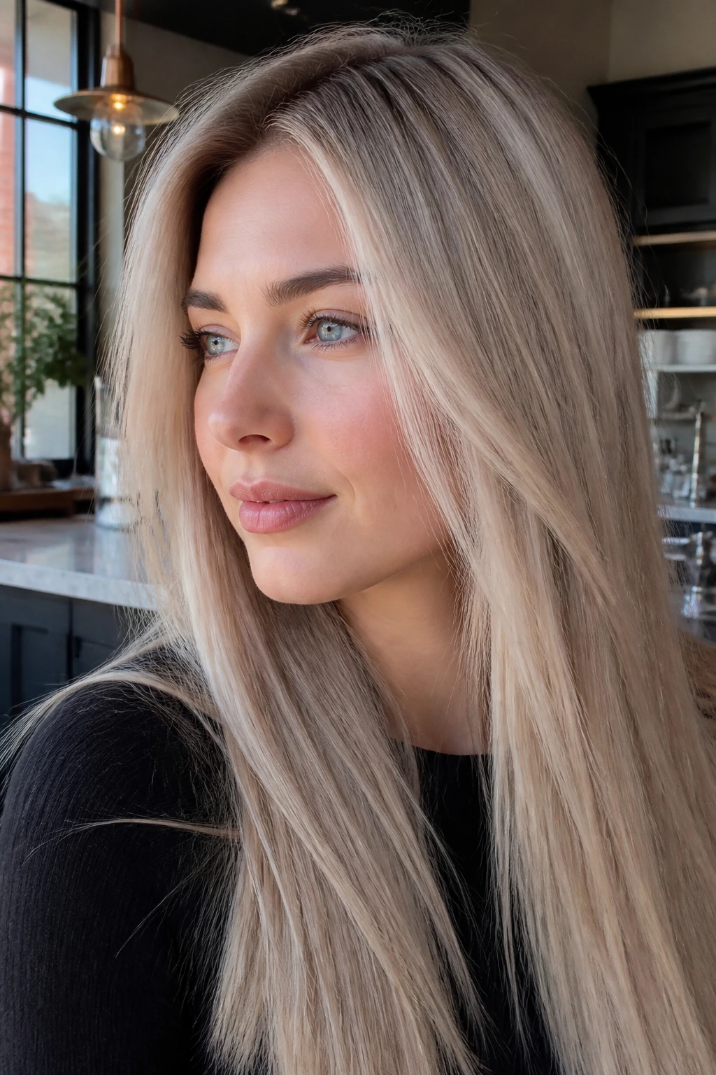 Portrait of a woman with Nordic beige blonde hair in natural light.