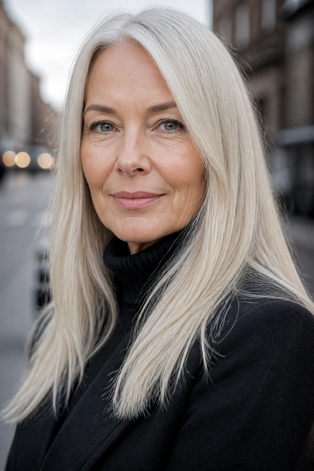 Close-up of a real woman with Nordic blonde icy tone and crisp styling