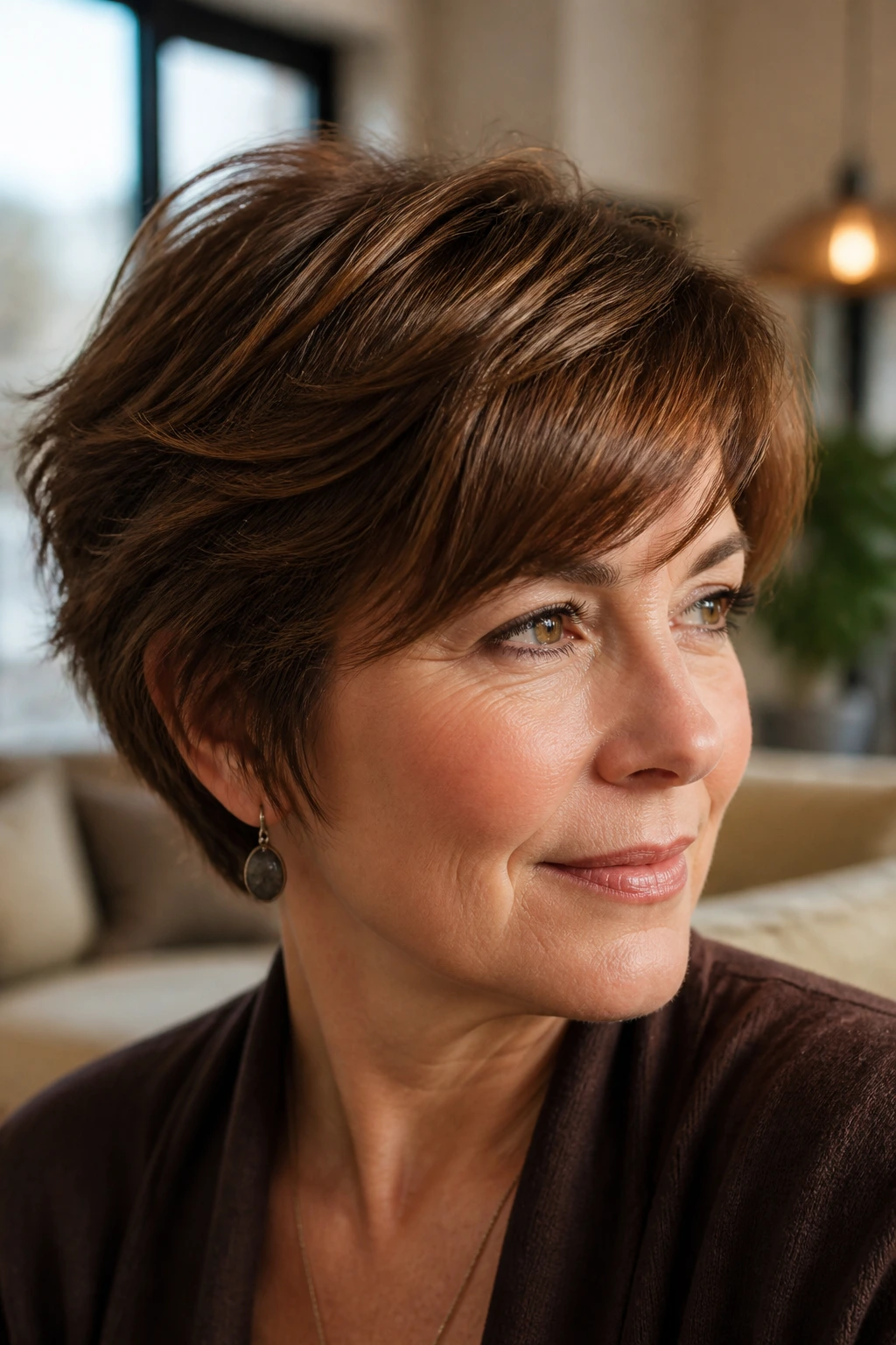Close up of a real woman with Nutmeg Brown hair in a short cut, warm glossy color