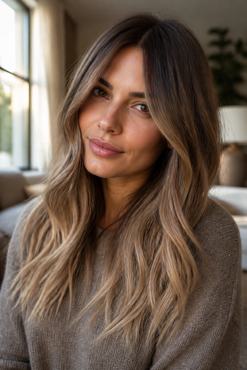 Close-up of a woman with oak brown to sand ombre hair