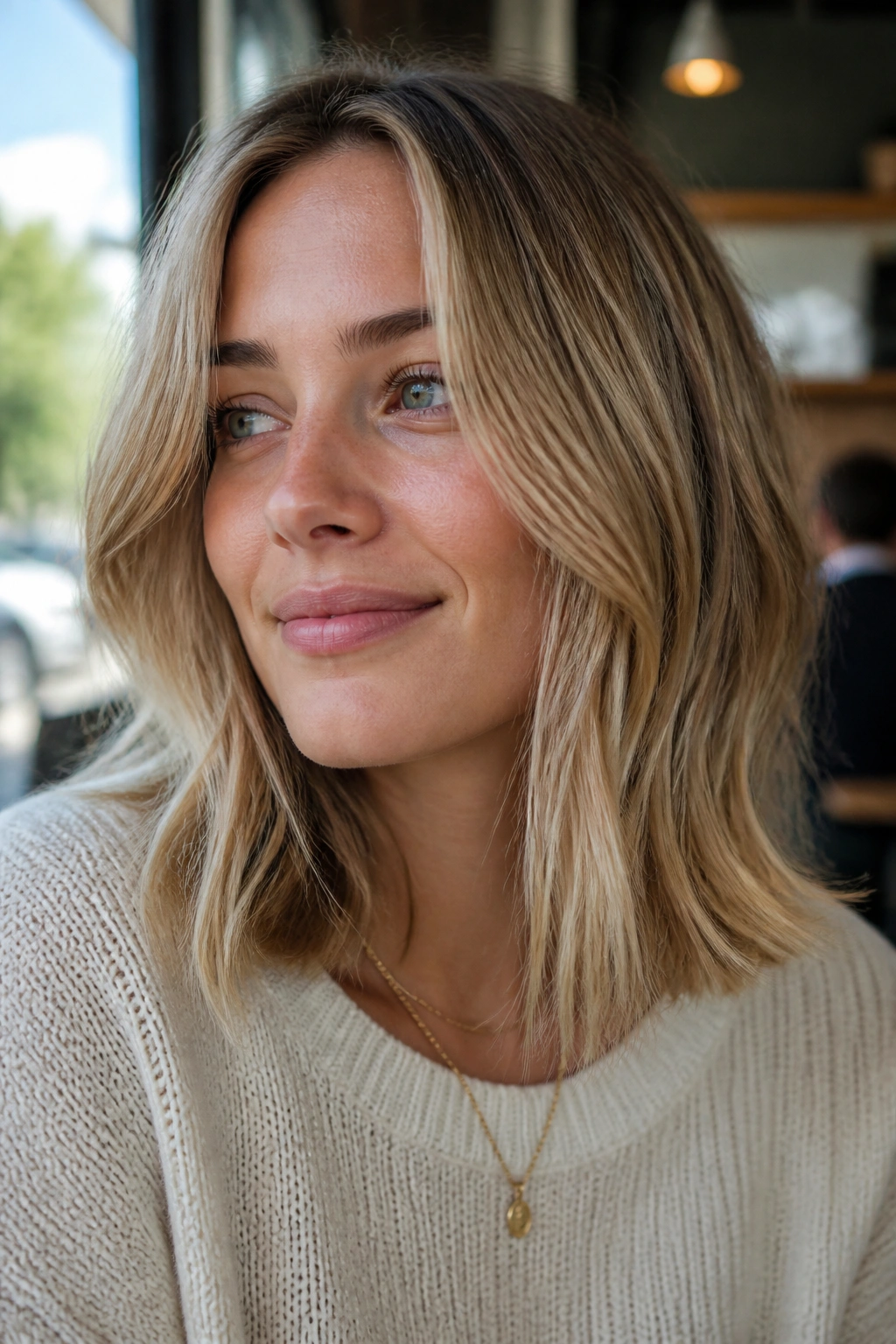 Close-up of collarbone-length oat blonde hair on a real person