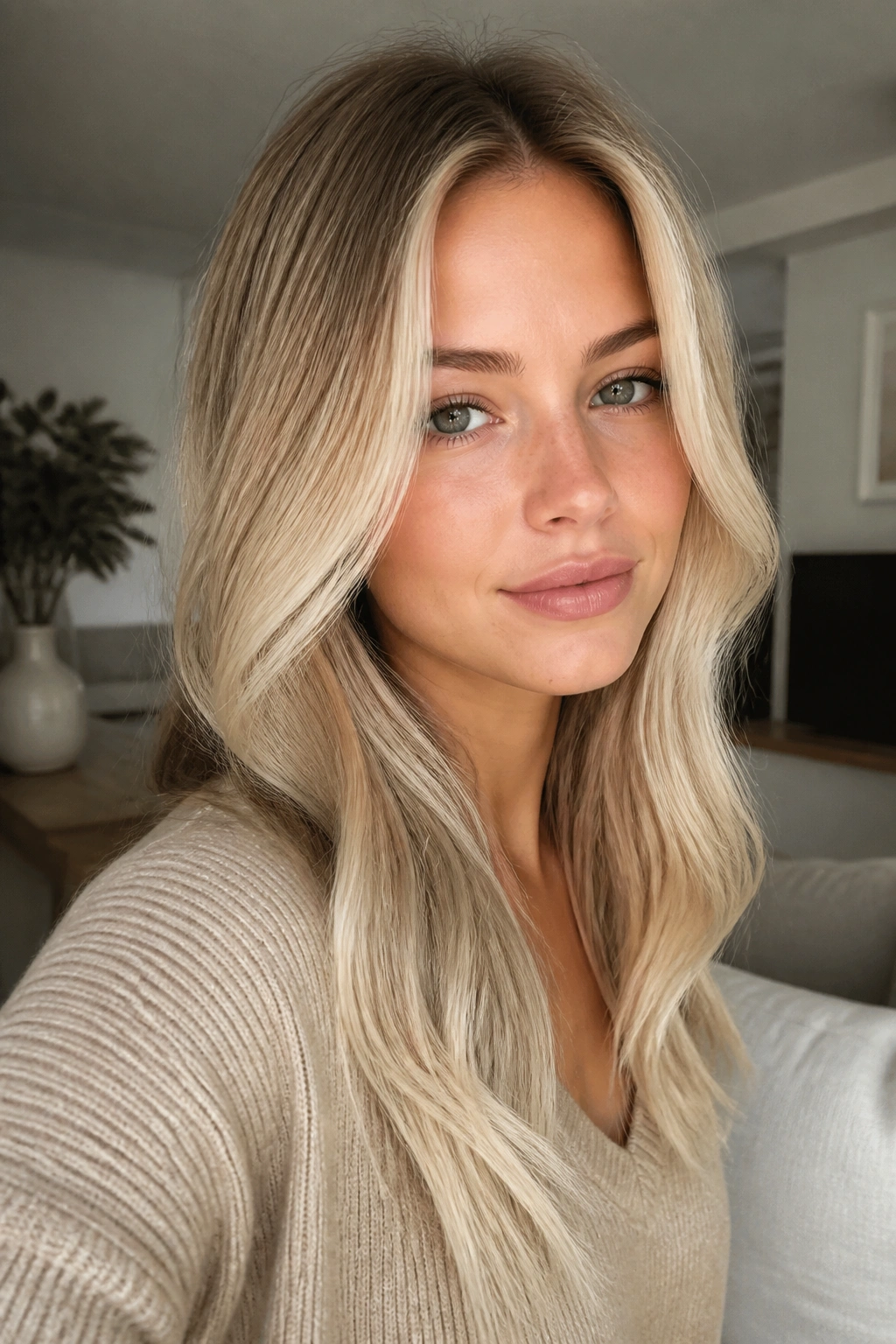Close-up portrait of a real woman with oat milk blonde hair and creamy beige tone