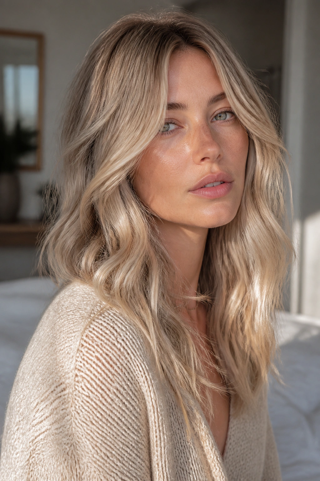 Close-up portrait of a real woman with oat milk blonde hair in natural window light