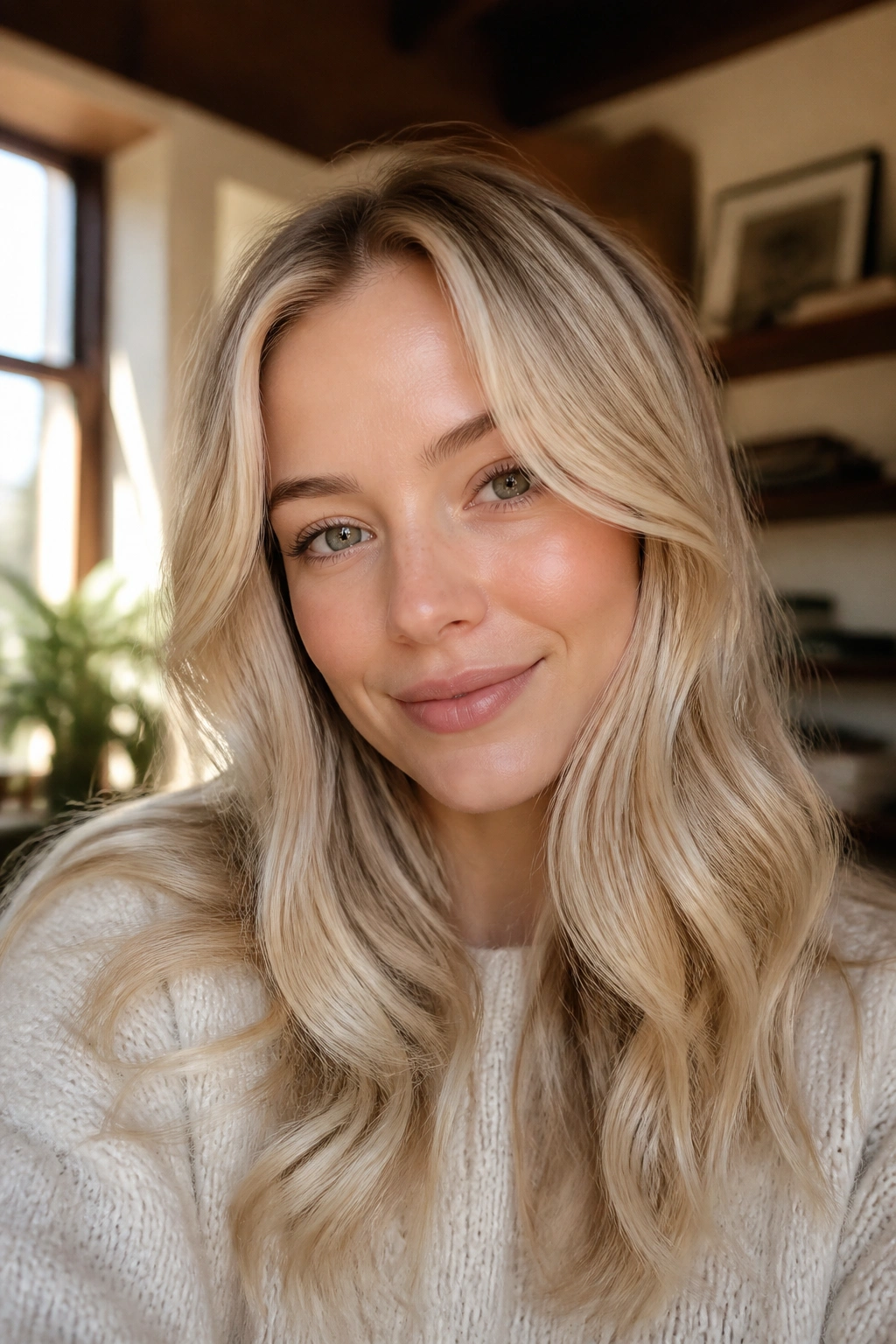 Close-up of a person with oat milk blonde hair in a warm home setting.