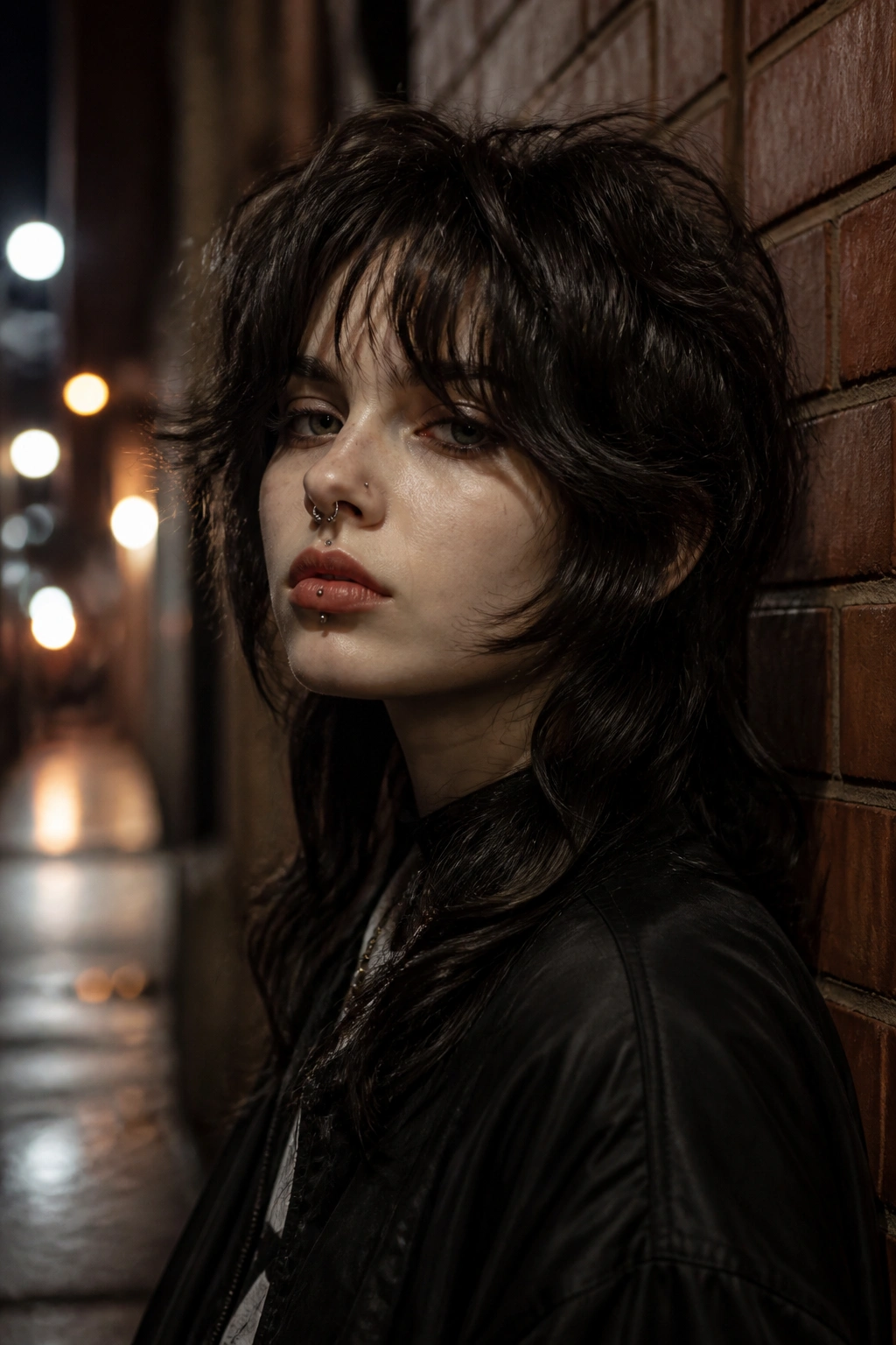 Real person with octopus cut curtain fringe on curly hair in moody night street