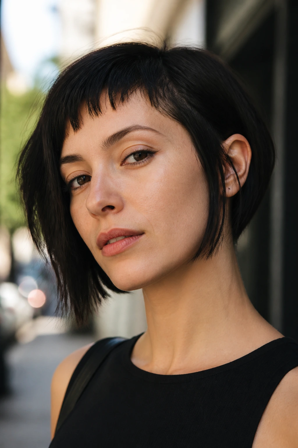 Close-up portrait of a real person with off-center bangs and asymmetrical bob