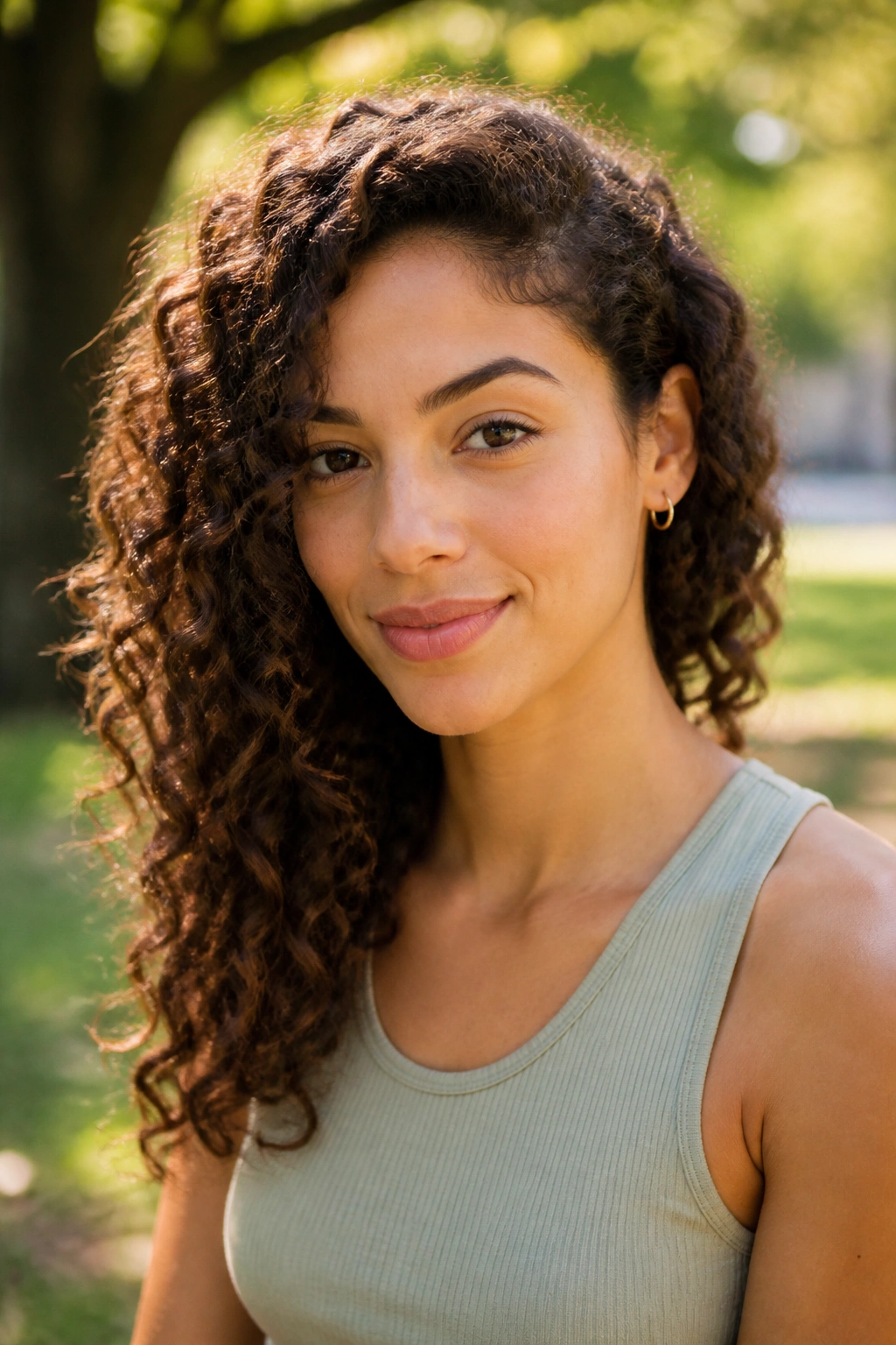 Close-up of a woman with an off-center part and curls