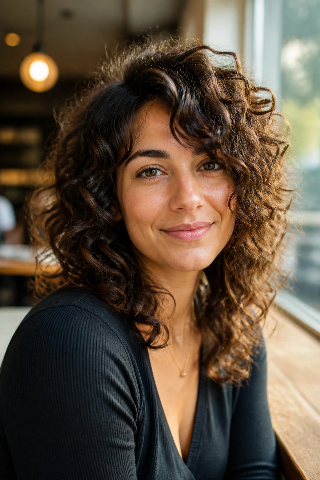 Portrait of a real person with an off-center part curly shag in warm cafe light