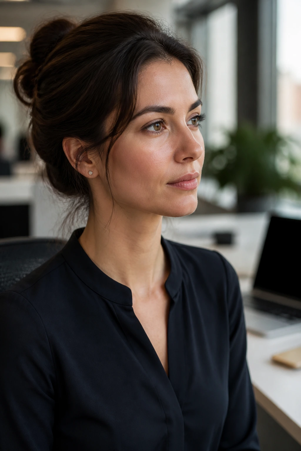 Close-up of a real woman with a conservative office hairstyle in an office setting.