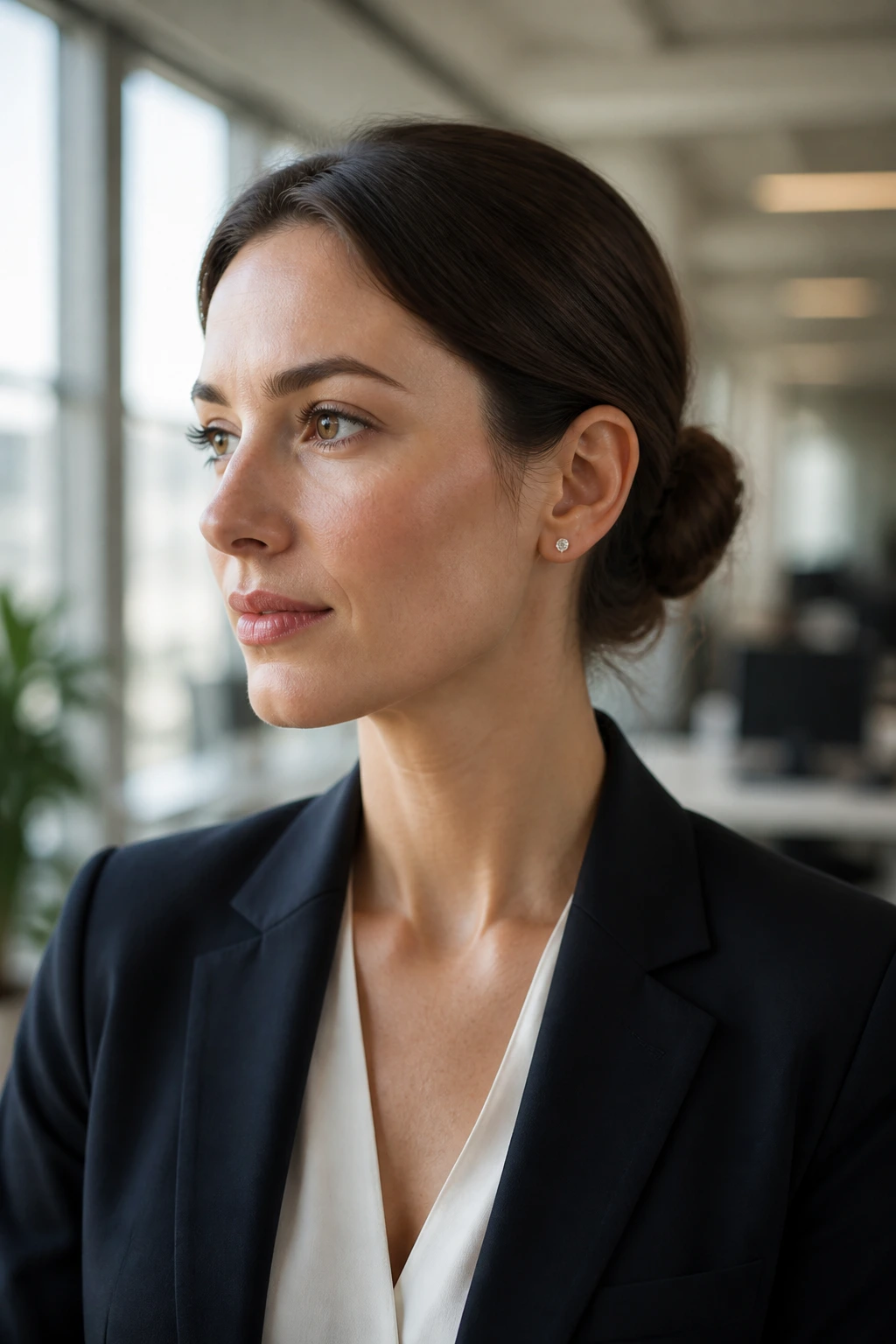 Close-up portrait of a real woman with a sleek low bun in a modern office setting.